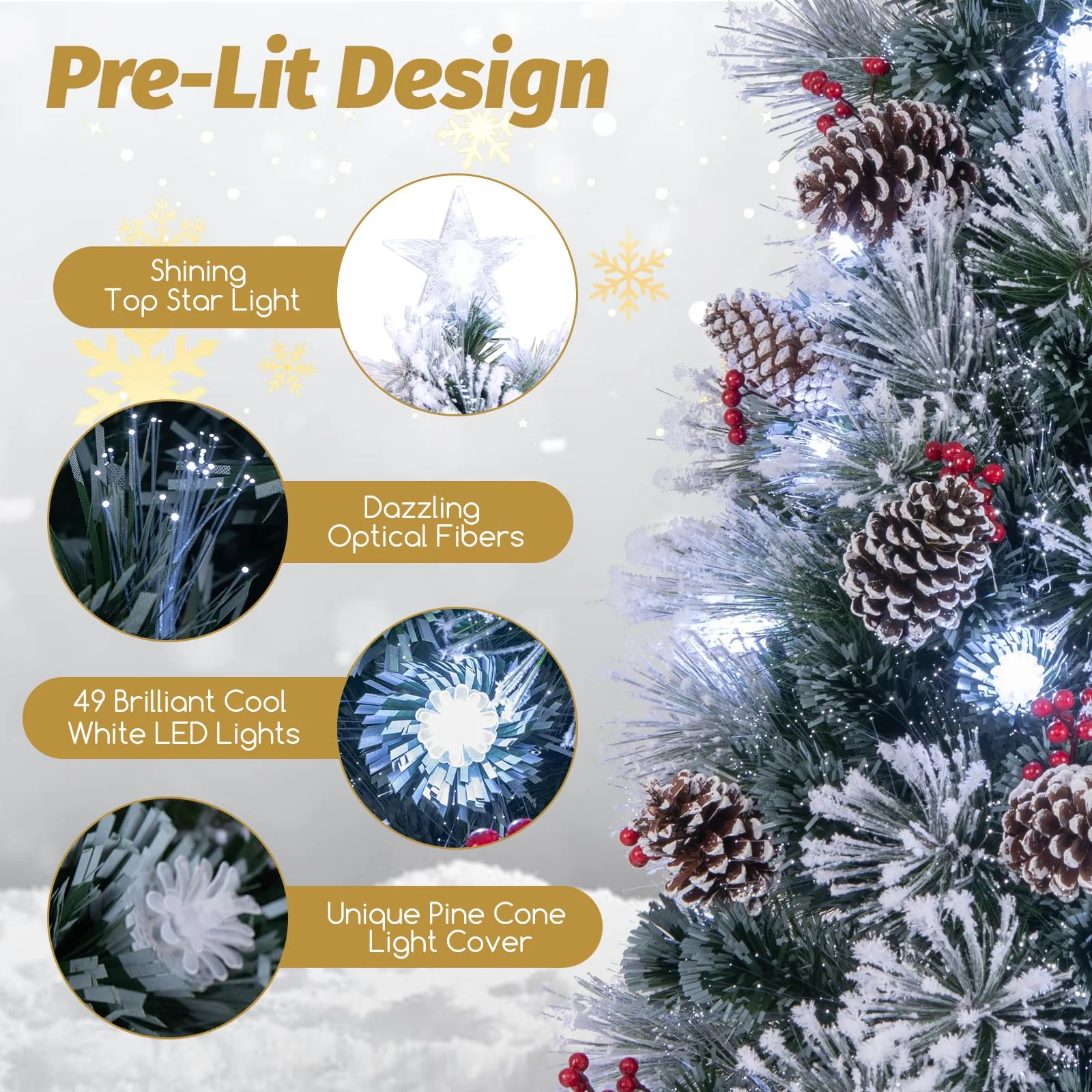 Goplus Pre-lit Fiber Optic Christmas Tree, Artificial Snowy Xmas Tree with 49 Cool White LED Lights - Image 3