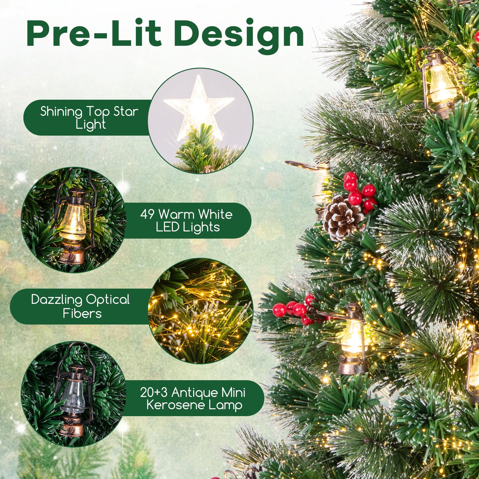 Goplus Pre-Lit Fiber Optic Christmas Tree, Artificial Snowy Xmas Tree with Warm White LED Lights - Image 3