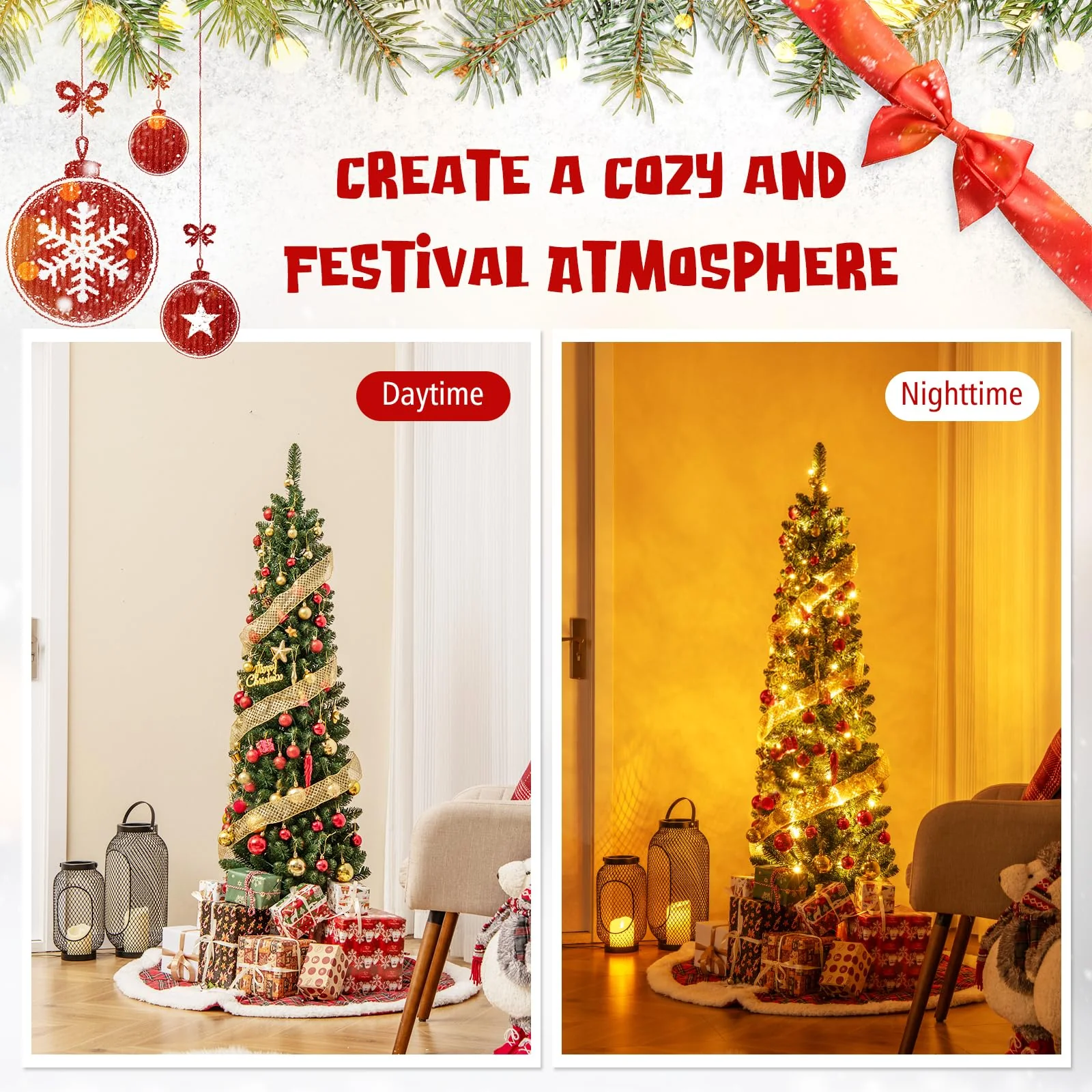 Goplus Pre-Lit Slim Pencil Christmas Tree Slender Holiday Tree for Home Office Decoration - Image 2