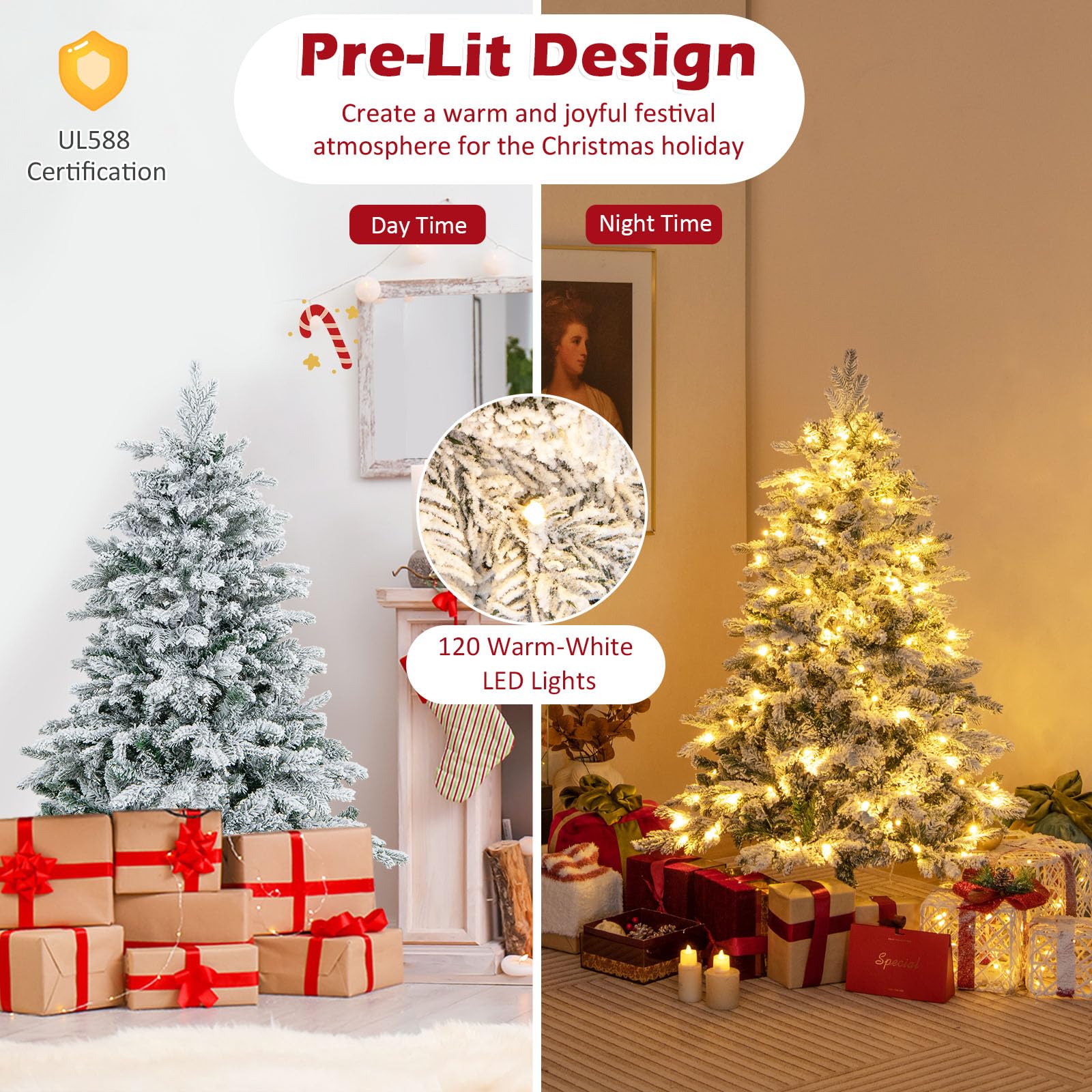 Goplus Pre-Lit Snow Flocked Christmas Tree, Artificial Hinged Xmas Tree with Branch Tips, PE & PVC Mixed Leaves - Image 3