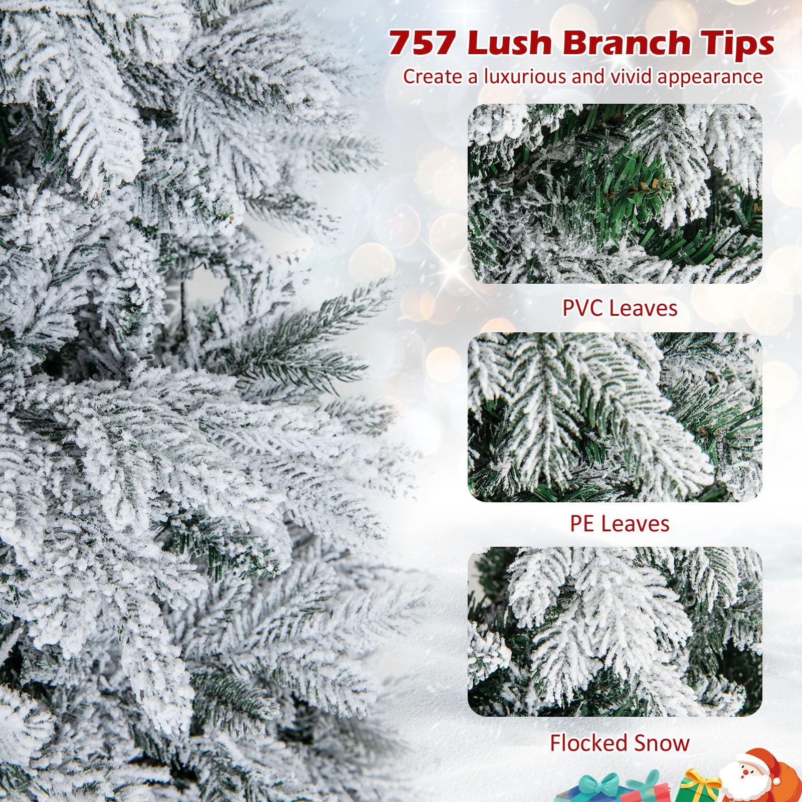 Goplus Pre-Lit Snow Flocked Christmas Tree, Artificial Hinged Xmas Tree with Branch Tips, PE & PVC Mixed Leaves - Image 4