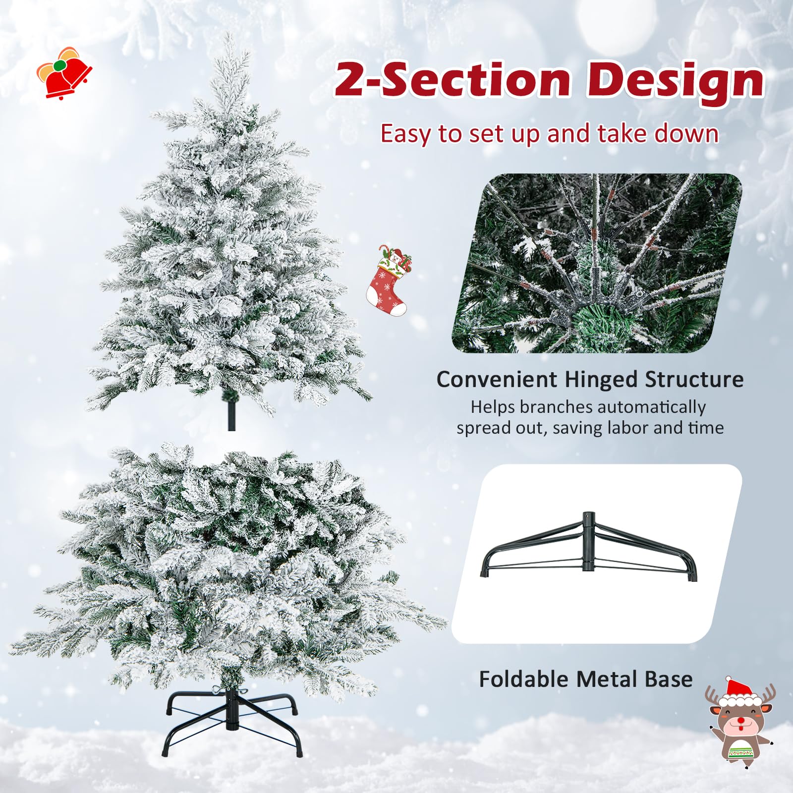 Goplus Pre-Lit Snow Flocked Christmas Tree, Artificial Hinged Xmas Tree with Branch Tips, PE & PVC Mixed Leaves - Image 5