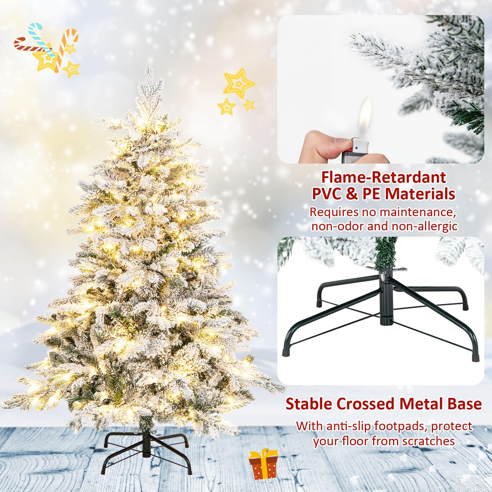 Goplus Pre-Lit Snow Flocked Christmas Tree, Artificial Hinged Xmas Tree with Branch Tips, PE & PVC Mixed Leaves - Image 6