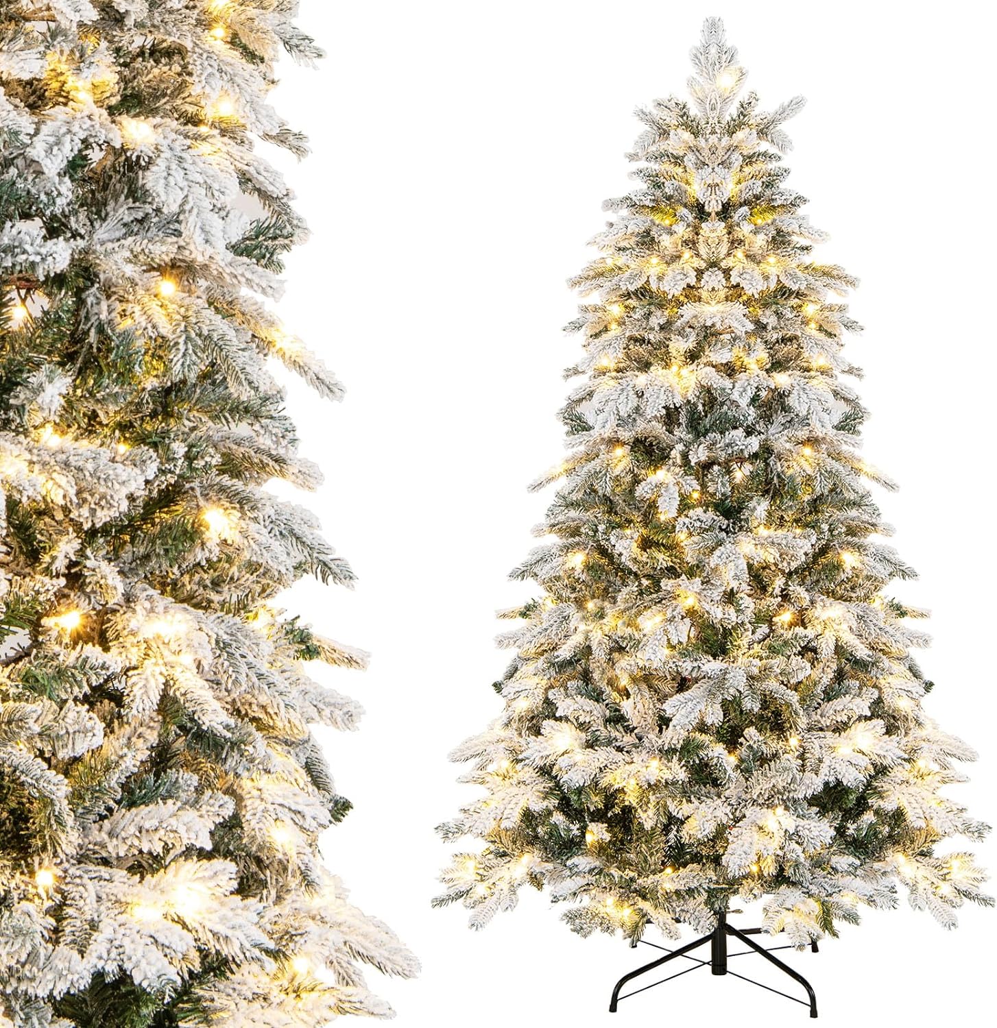 Goplus Pre-Lit Snow Flocked Christmas Tree, Artificial Hinged Xmas Tree with Branch Tips, PE & PVC Mixed Leaves - Image 7