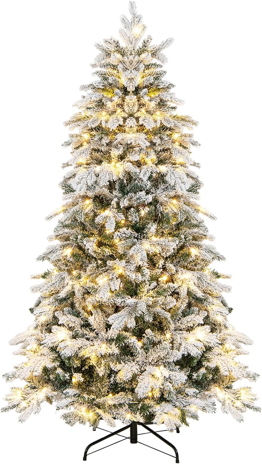 Goplus Pre-Lit Snow Flocked Christmas Tree, Artificial Hinged Xmas Tree with Branch Tips, PE & PVC Mixed Leaves - Image 8