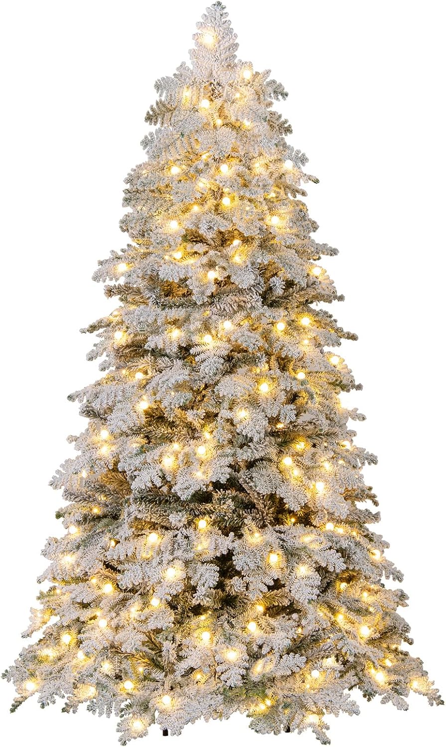 Goplus Pre-Lit Snow Flocked Christmas Tree with Mixed Branch Tips & LED Lights