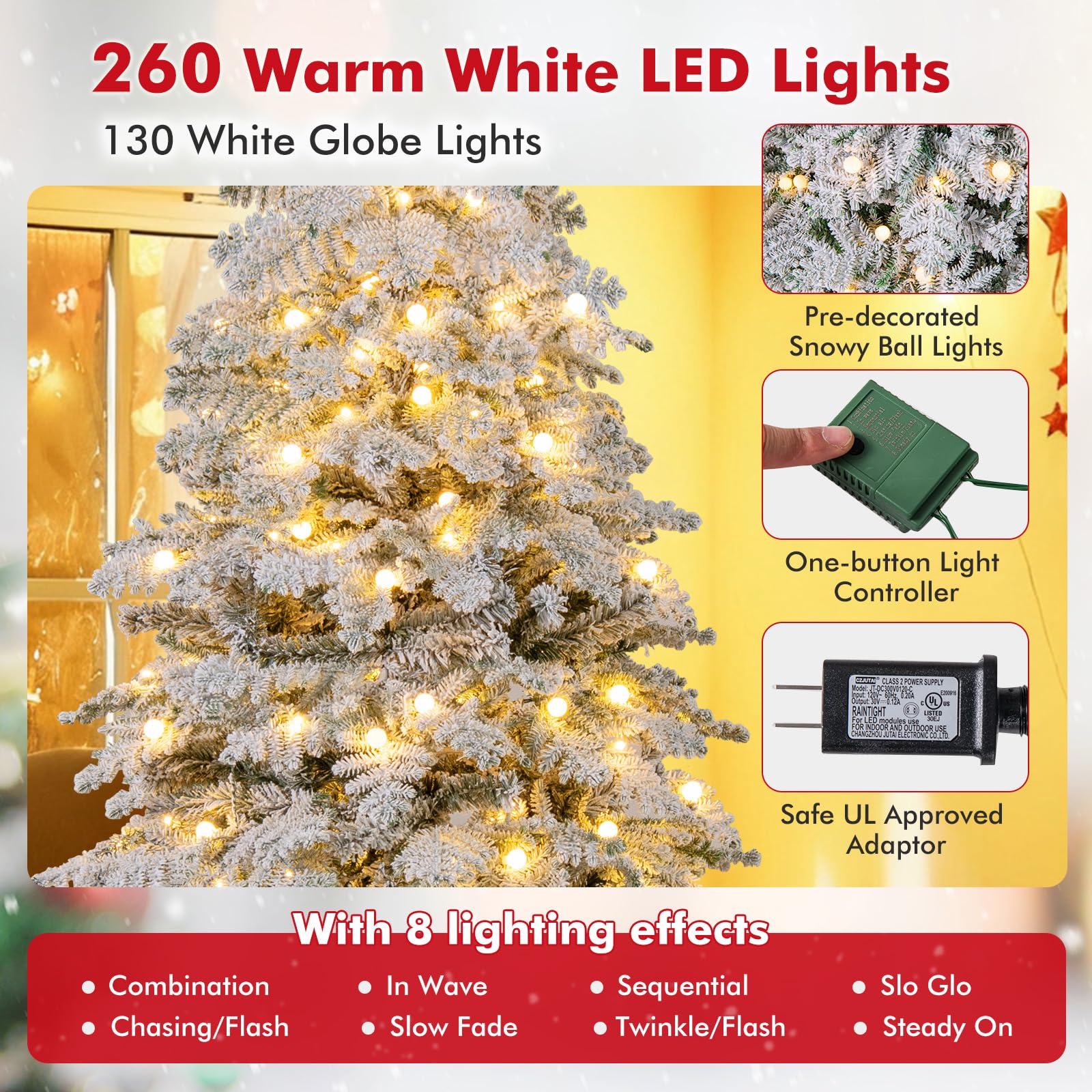 Goplus Pre-Lit Snow Flocked Christmas Tree with Mixed Branch Tips & LED Lights - Image 6