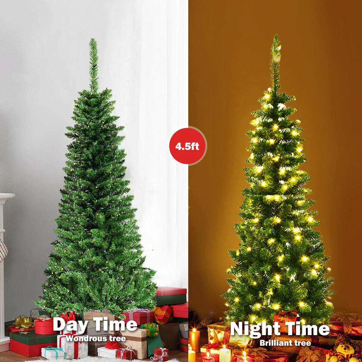 Goplus Prelit Pencil Christmas Tree, 4.5FT Premium Hinged Fir Tree - Image 4
