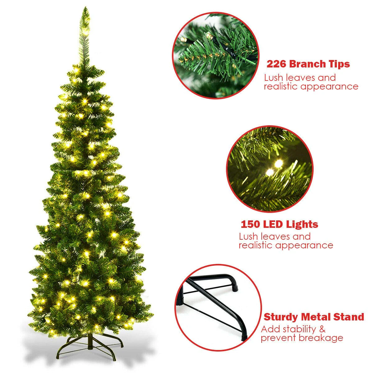 Goplus Prelit Pencil Christmas Tree, 4.5FT Premium Hinged Fir Tree - Image 5
