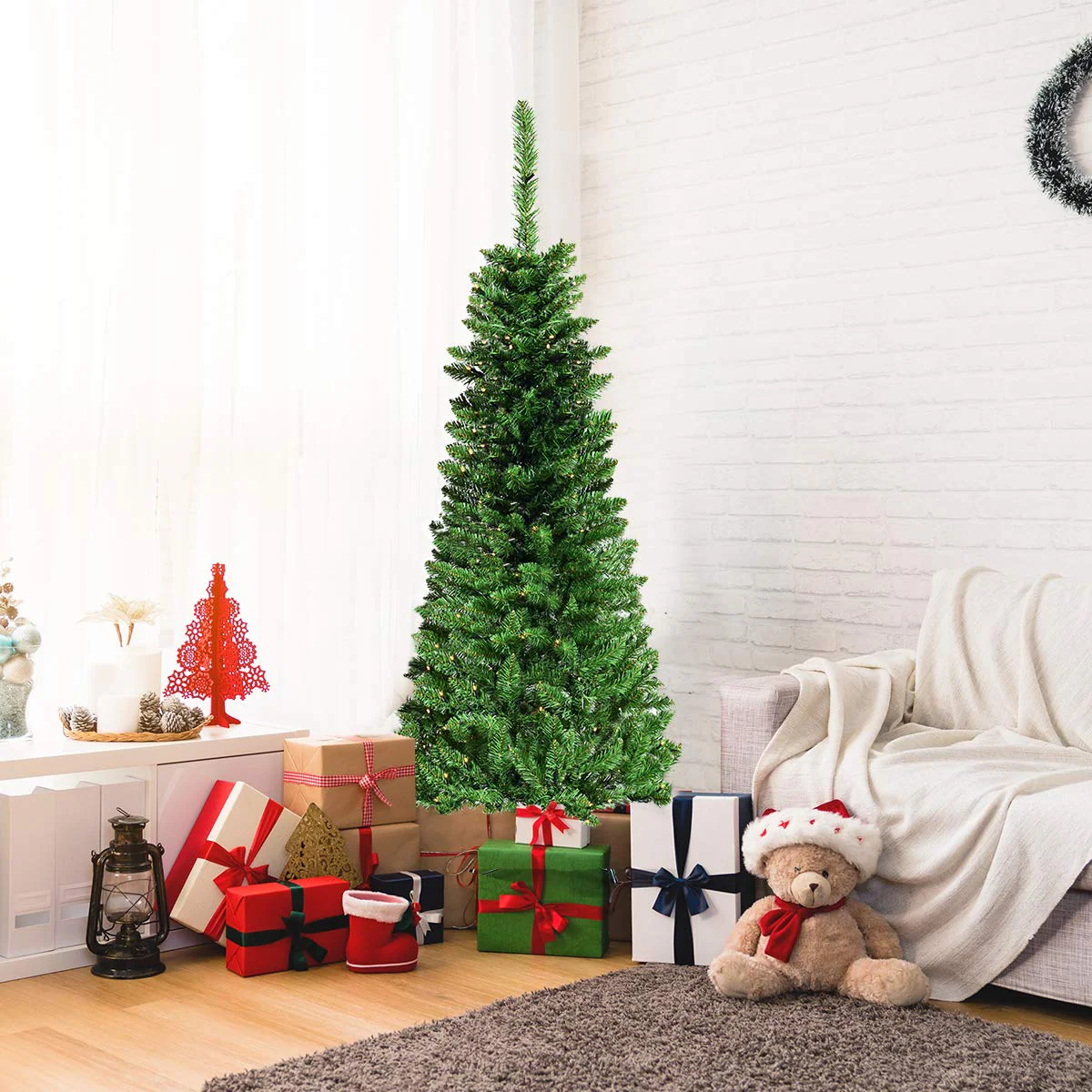 Goplus Prelit Pencil Christmas Tree, 4.5FT Premium Hinged Fir Tree - Image 9