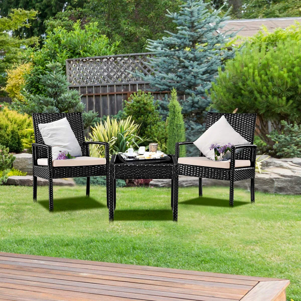 Goplus Rattan Furniture Set for Outdoor Patio Backyard Garden, 3-Piece Wicker Conversation Set - Image 5