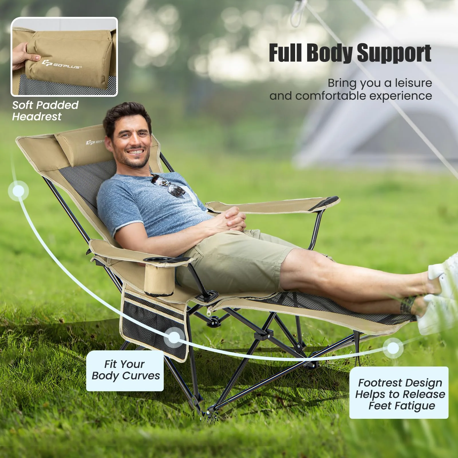 Goplus Reclining Camping Chair with Foot Rest, Folding Lounge Chair for Adults, w/Adjustable Backrest - Image 7