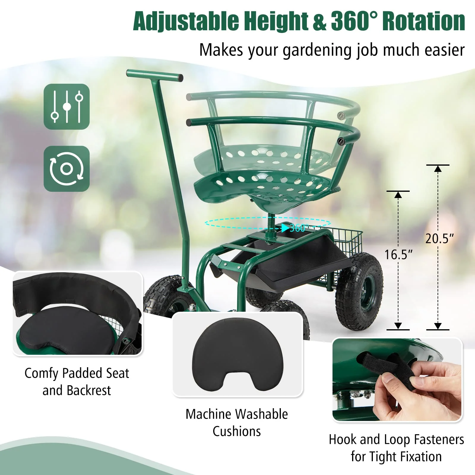 Goplus Rolling Garden Cart, Garden Scooter with Seat & Tool Storage, Outdoor Gardening Workseat - Image 3