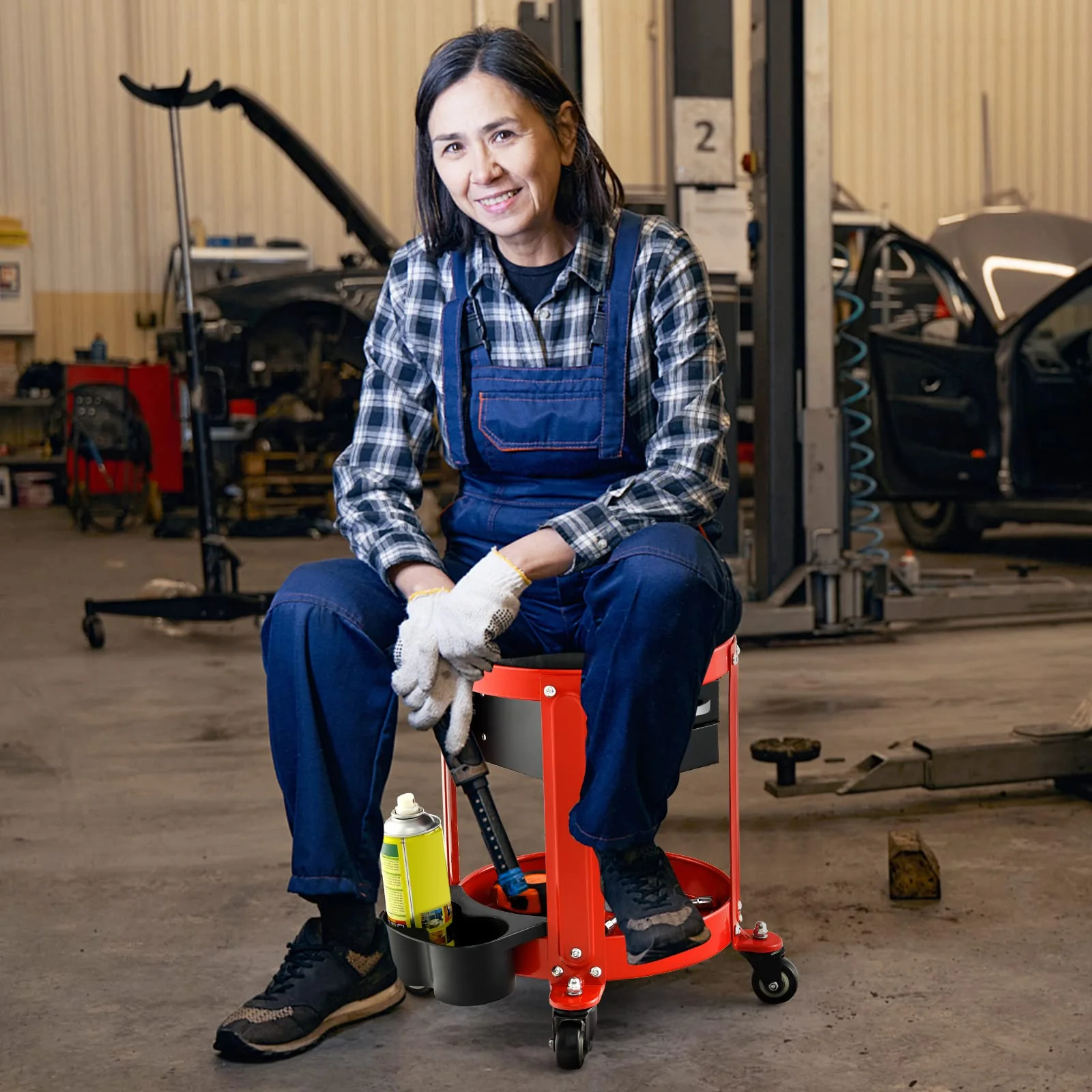 Goplus Rolling Mechanic Stool Pneumatic Shop Stool Creeper Seat with Removable Padded Seat - Image 9