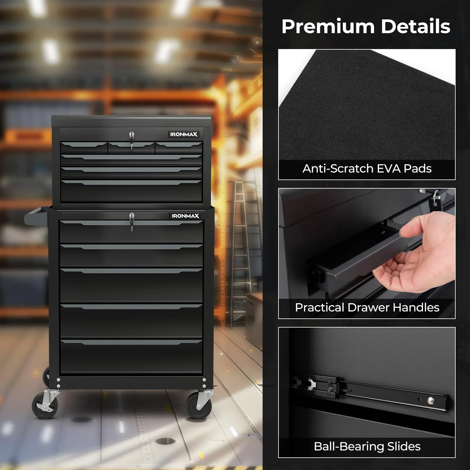 Goplus Rolling Steel Tool Chest, 11-Drawer Heavy-Duty Tool Storage Cabinet with Hanging Holes, Central Keyed Locking System - Image 2
