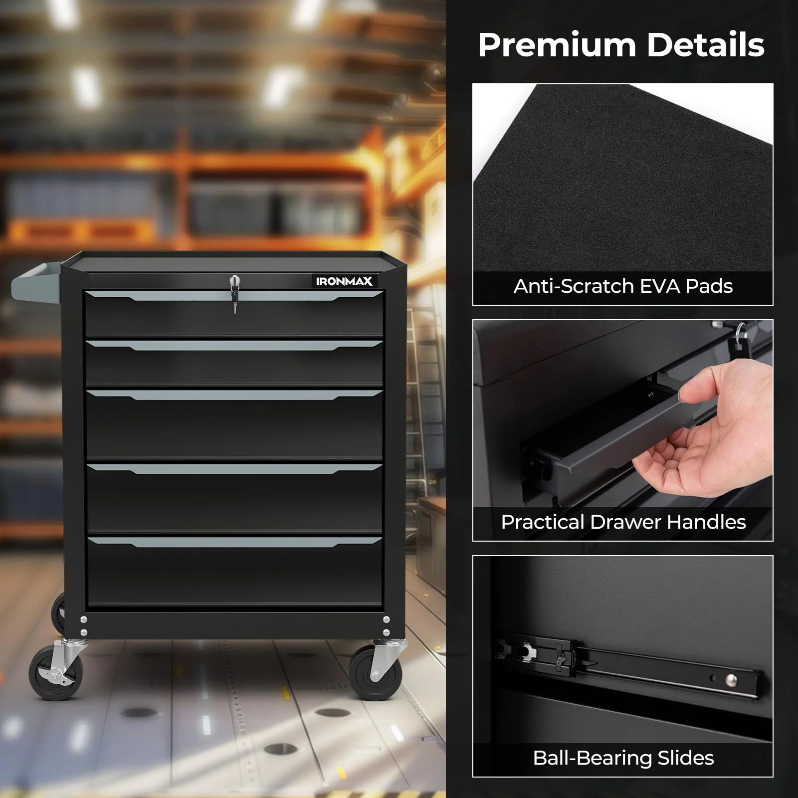 Goplus Rolling Steel Tool Chest, 5-Drawer Tool Storage Cabinet with Hanging Holes - Image 3