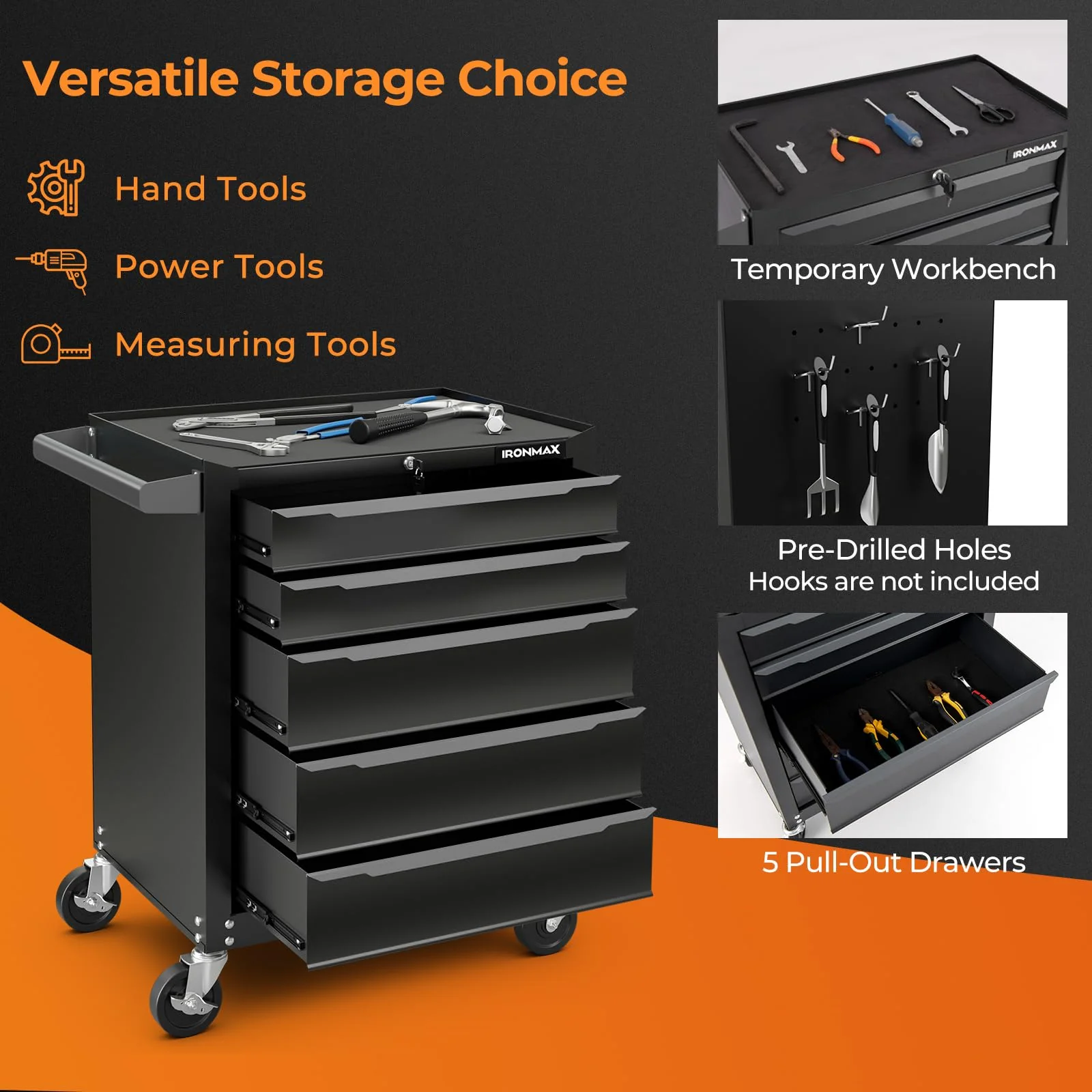 Goplus Rolling Steel Tool Chest, 5-Drawer Tool Storage Cabinet with Hanging Holes - Image 7
