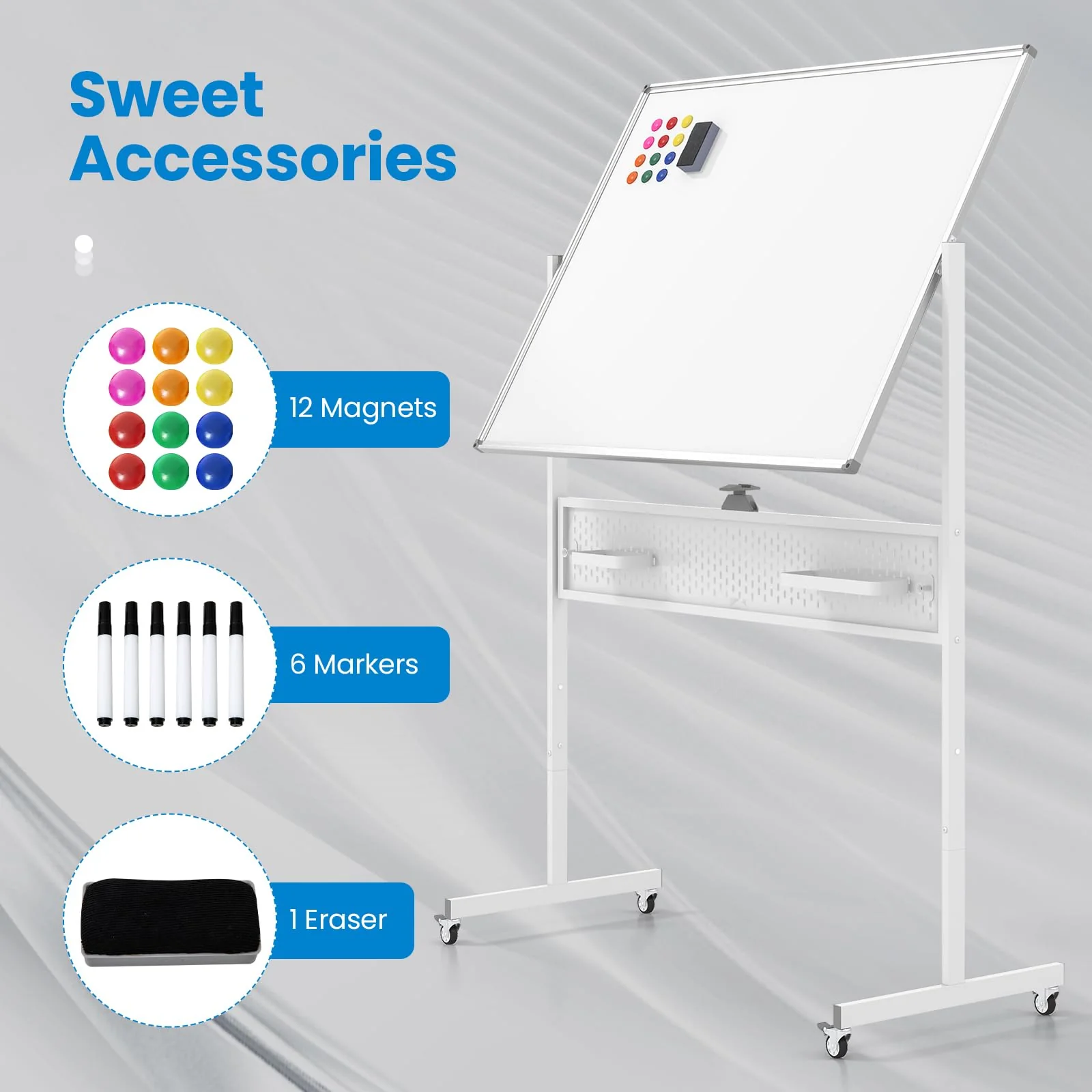 Goplus Rolling Whiteboard, 48” x 36” Height Adjustable Dry Erase Board with Pegboard, Hooks & Trays, Magnets - Image 7