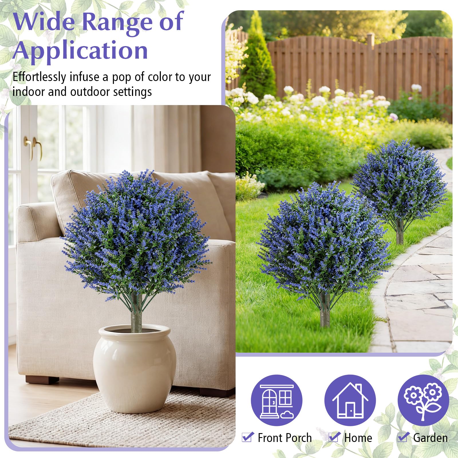 Goplus Set of 2 Artificial Lavender Topiary Ball Trees | Sun-Proof Indoor Outdoor Fake Evergreen Plants - Image 2