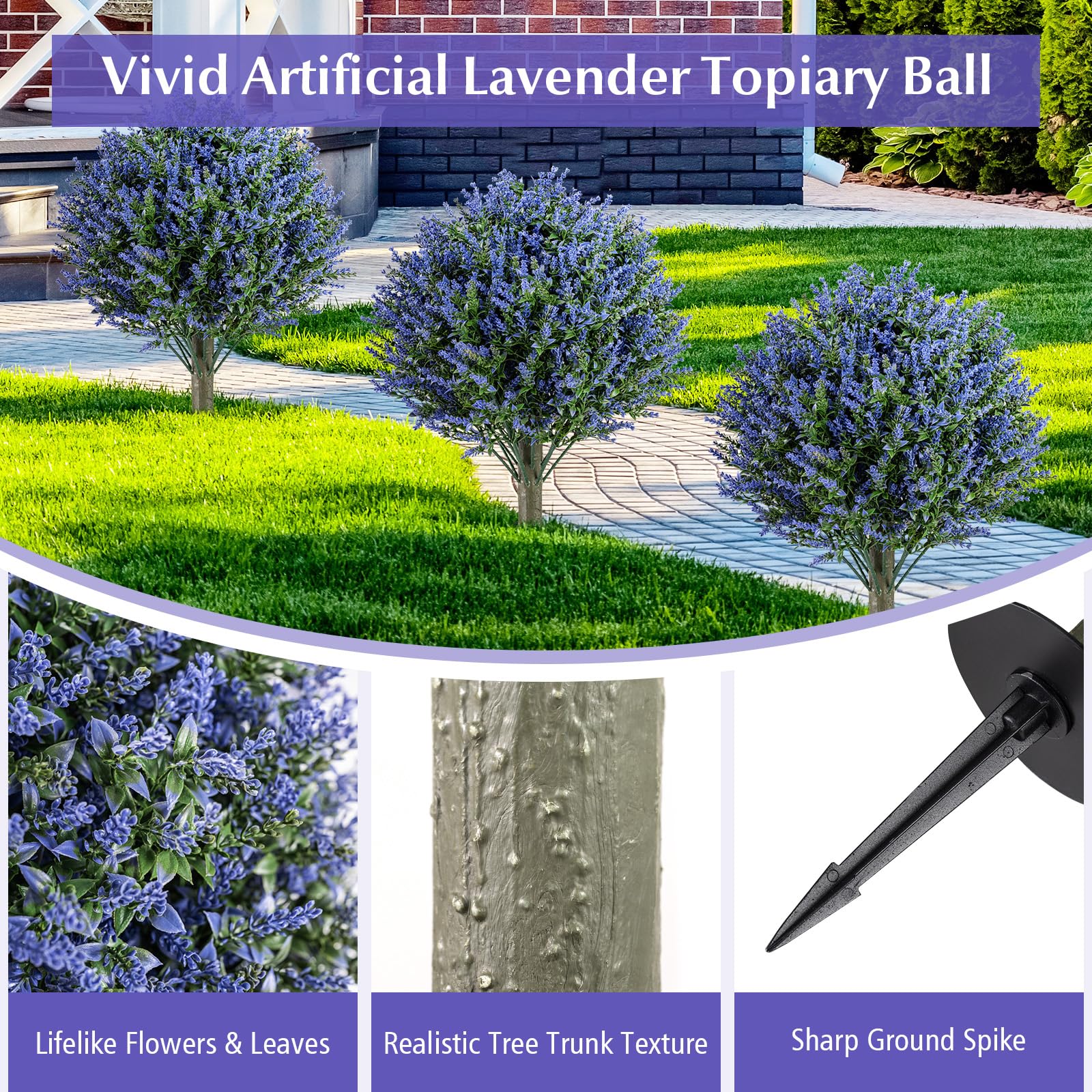 Goplus Set of 2 Artificial Lavender Topiary Ball Trees | Sun-Proof Indoor Outdoor Fake Evergreen Plants - Image 4