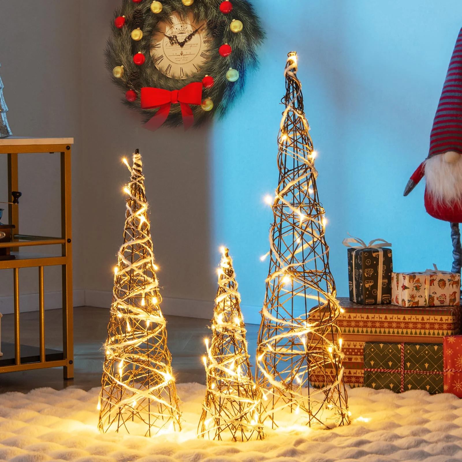 Goplus Set of 3 Large Christmas Cone Trees, 32” 24” 16” Indoor Christmas Trees w/Warm White LED Lights - Image 3