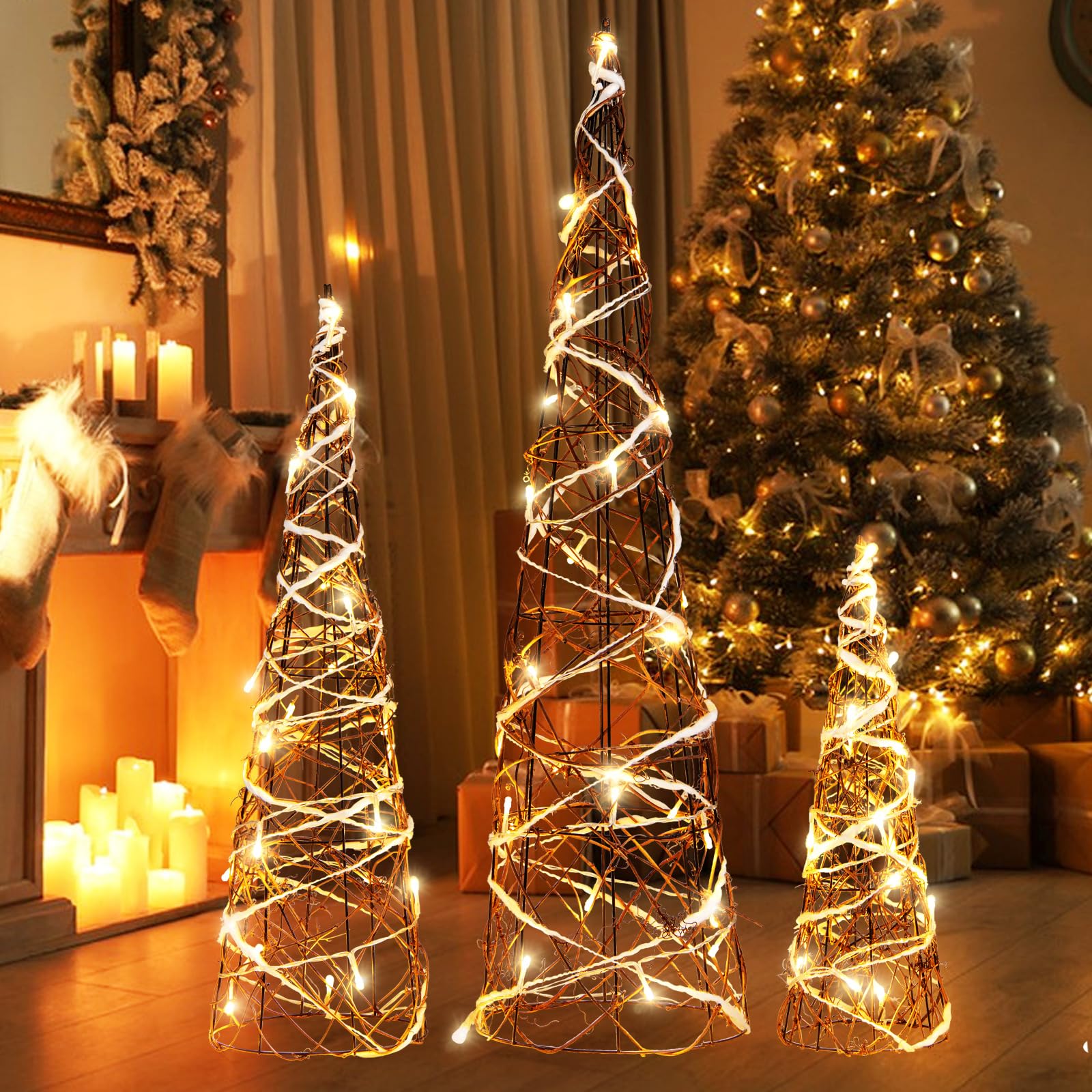 Goplus Set of 3 Large Christmas Cone Trees, 32” 24” 16” Indoor Christmas Trees w/Warm White LED Lights - Image 4