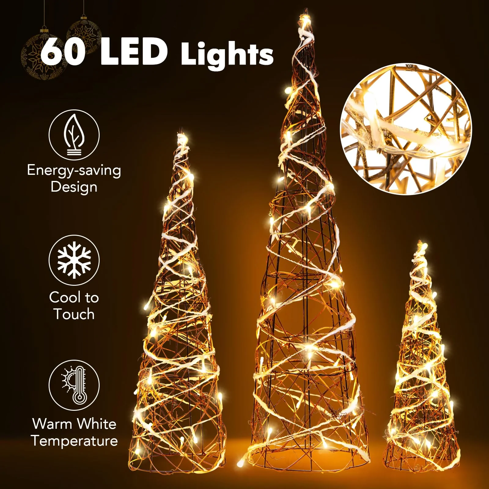 Goplus Set of 3 Large Christmas Cone Trees, 32” 24” 16” Indoor Christmas Trees w/Warm White LED Lights - Image 5