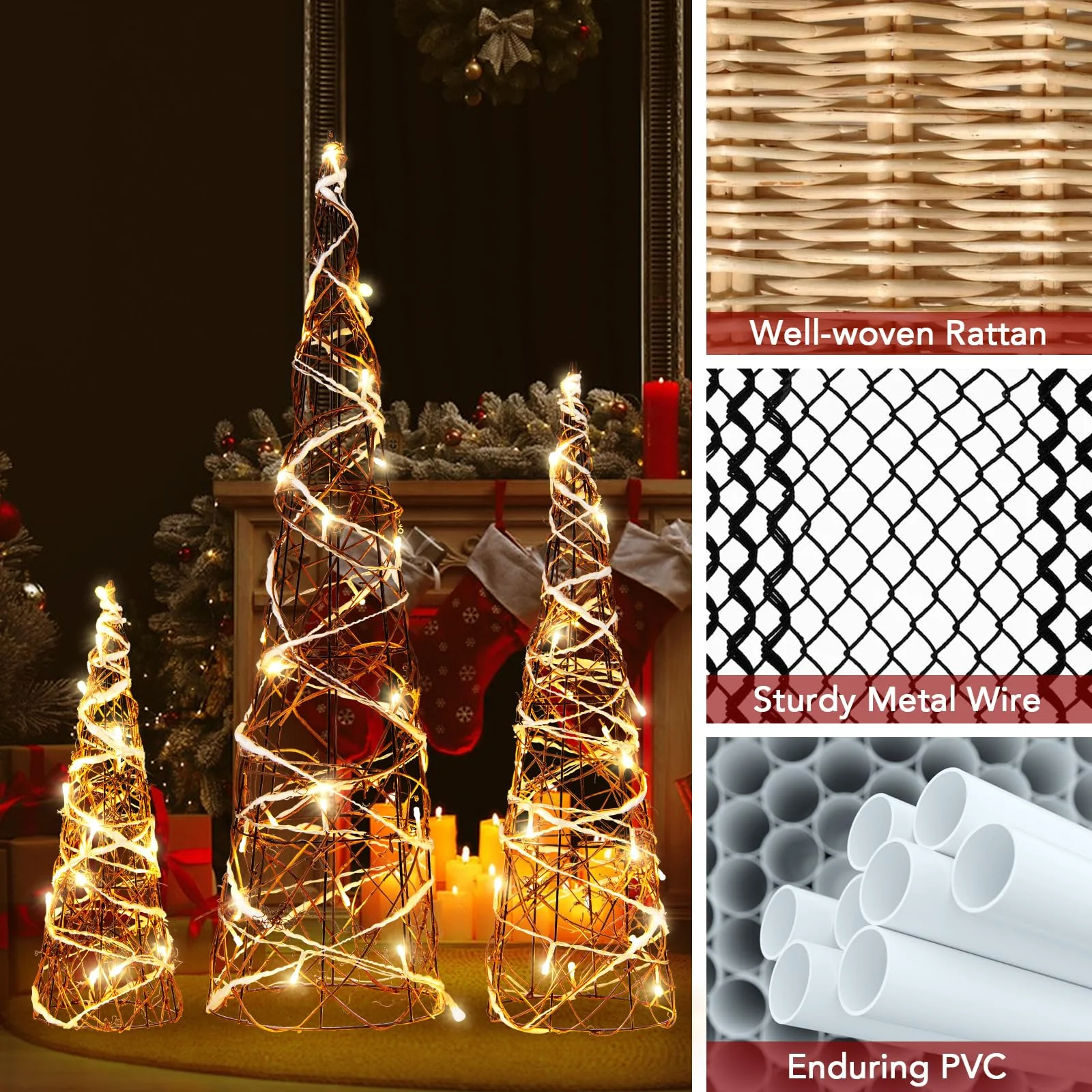 Goplus Set of 3 Large Christmas Cone Trees, 32” 24” 16” Indoor Christmas Trees w/Warm White LED Lights - Image 6