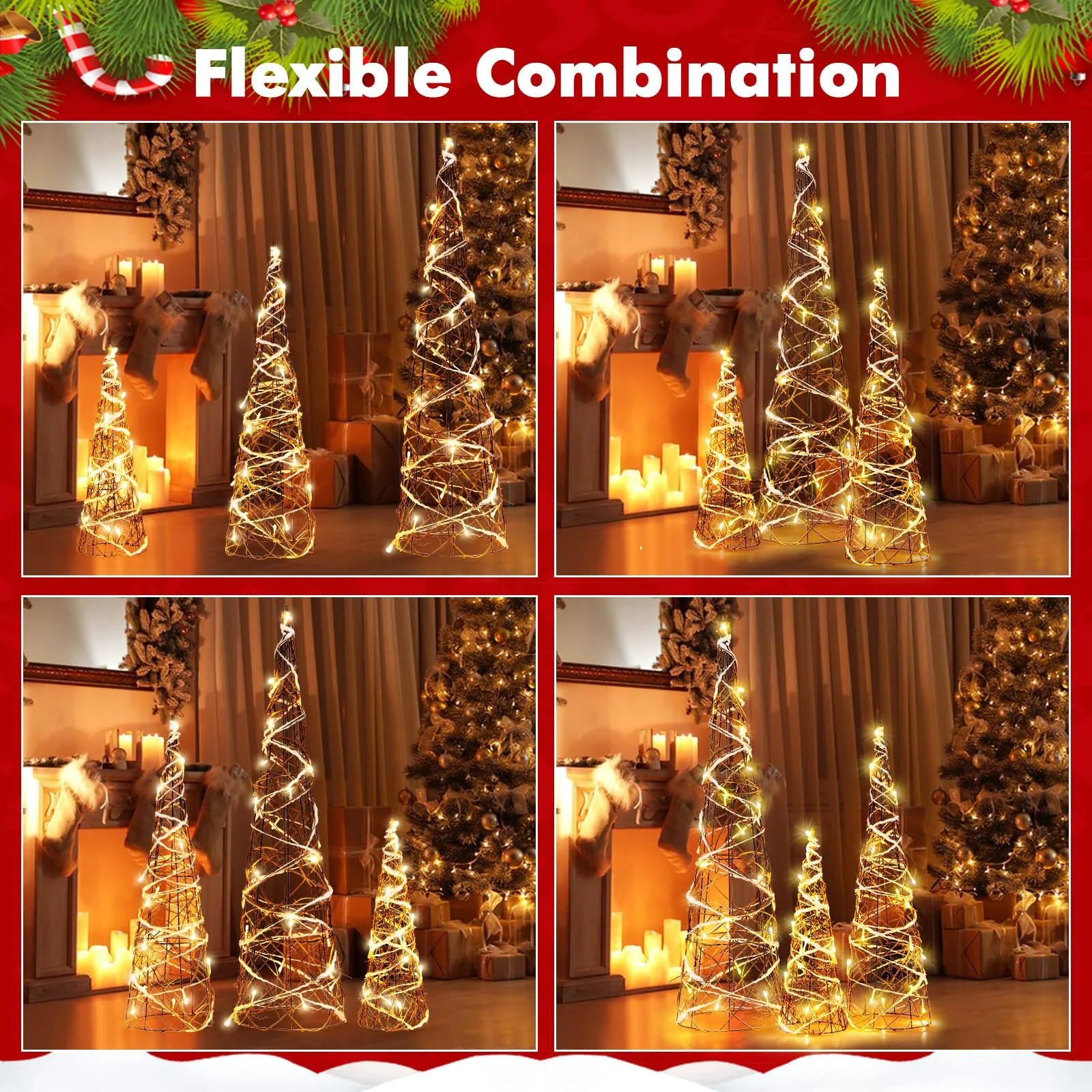 Goplus Set of 3 Large Christmas Cone Trees, 32” 24” 16” Indoor Christmas Trees w/Warm White LED Lights - Image 7