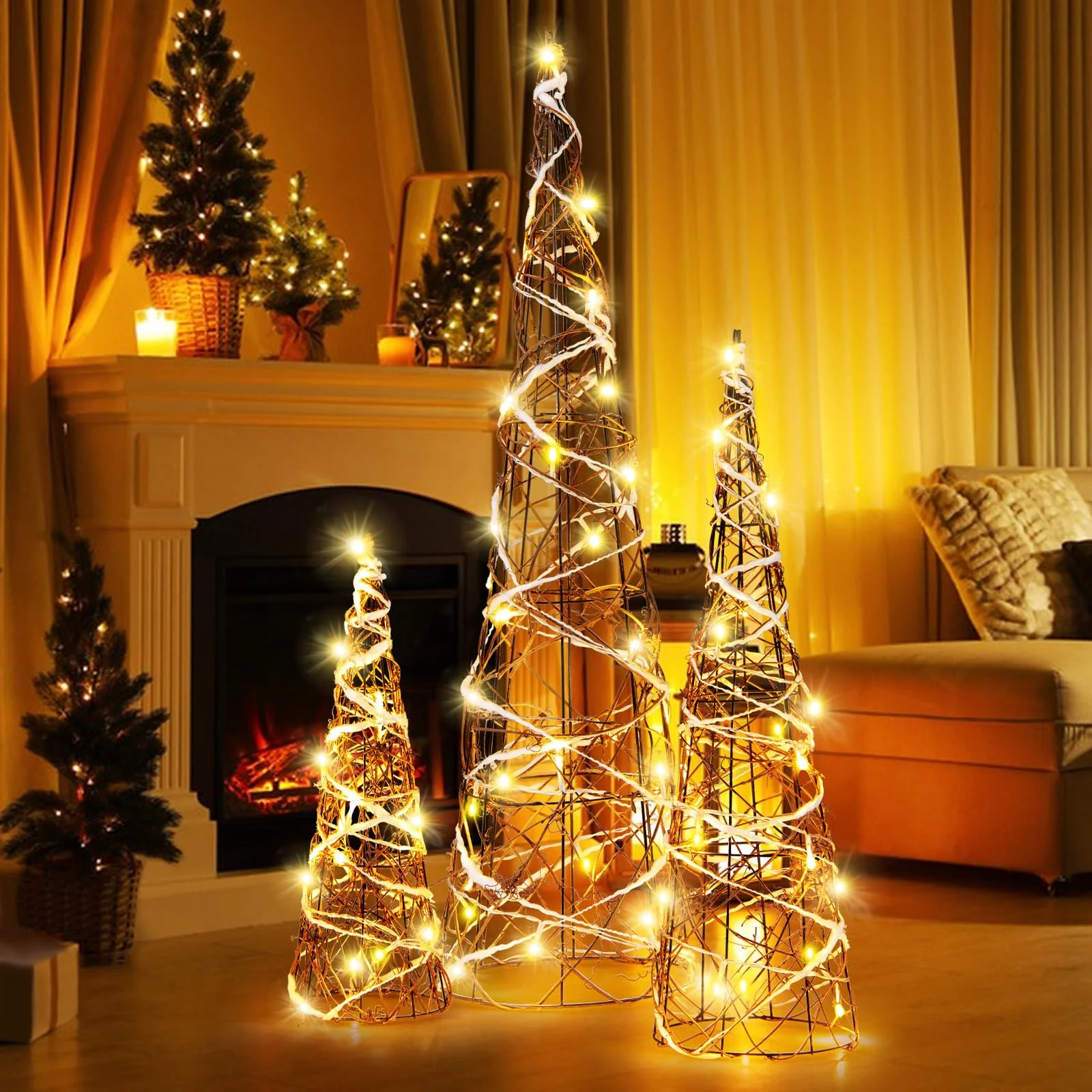 Goplus Set of 3 Large Christmas Cone Trees, 32” 24” 16” Indoor Christmas Trees w/Warm White LED Lights - Image 8