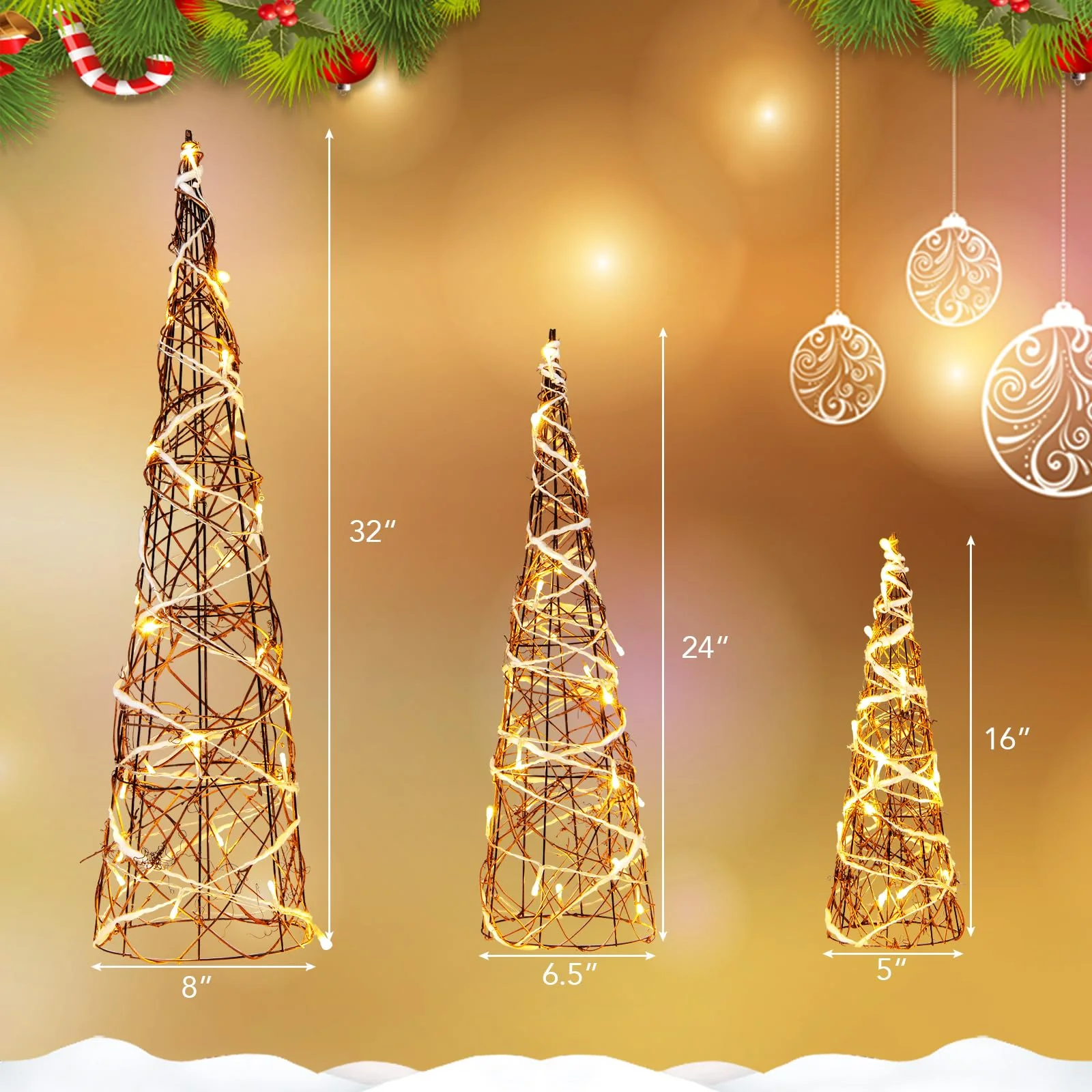 Goplus Set of 3 Large Christmas Cone Trees, 32” 24” 16” Indoor Christmas Trees w/Warm White LED Lights - Image 9