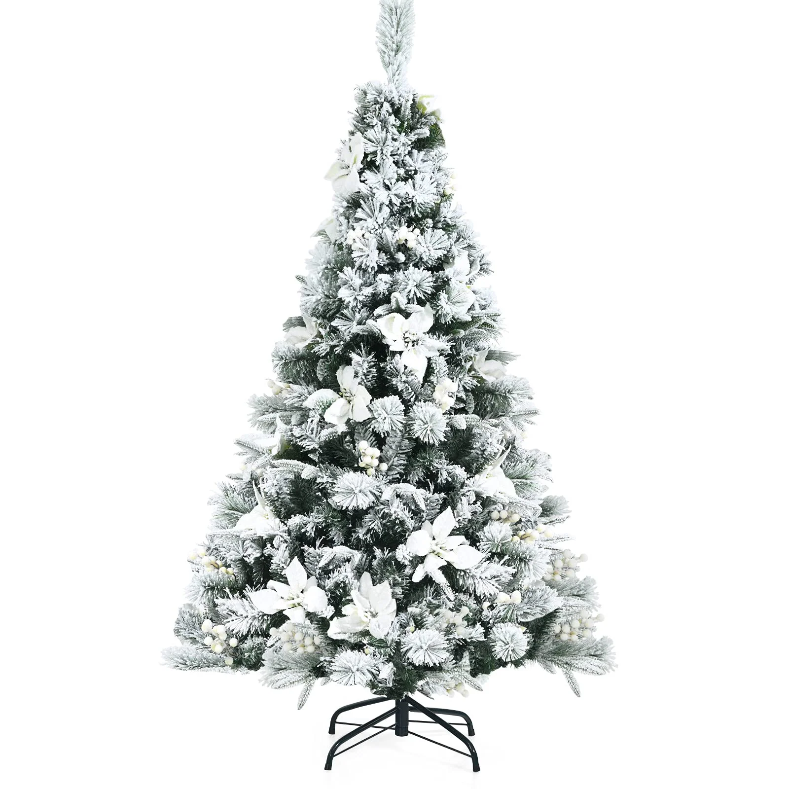 Goplus Snow Flocked Artificial Christmas Tree, Hinged Xmas Tree w/ Folding Metal Stand, Office, Party, Wedding
