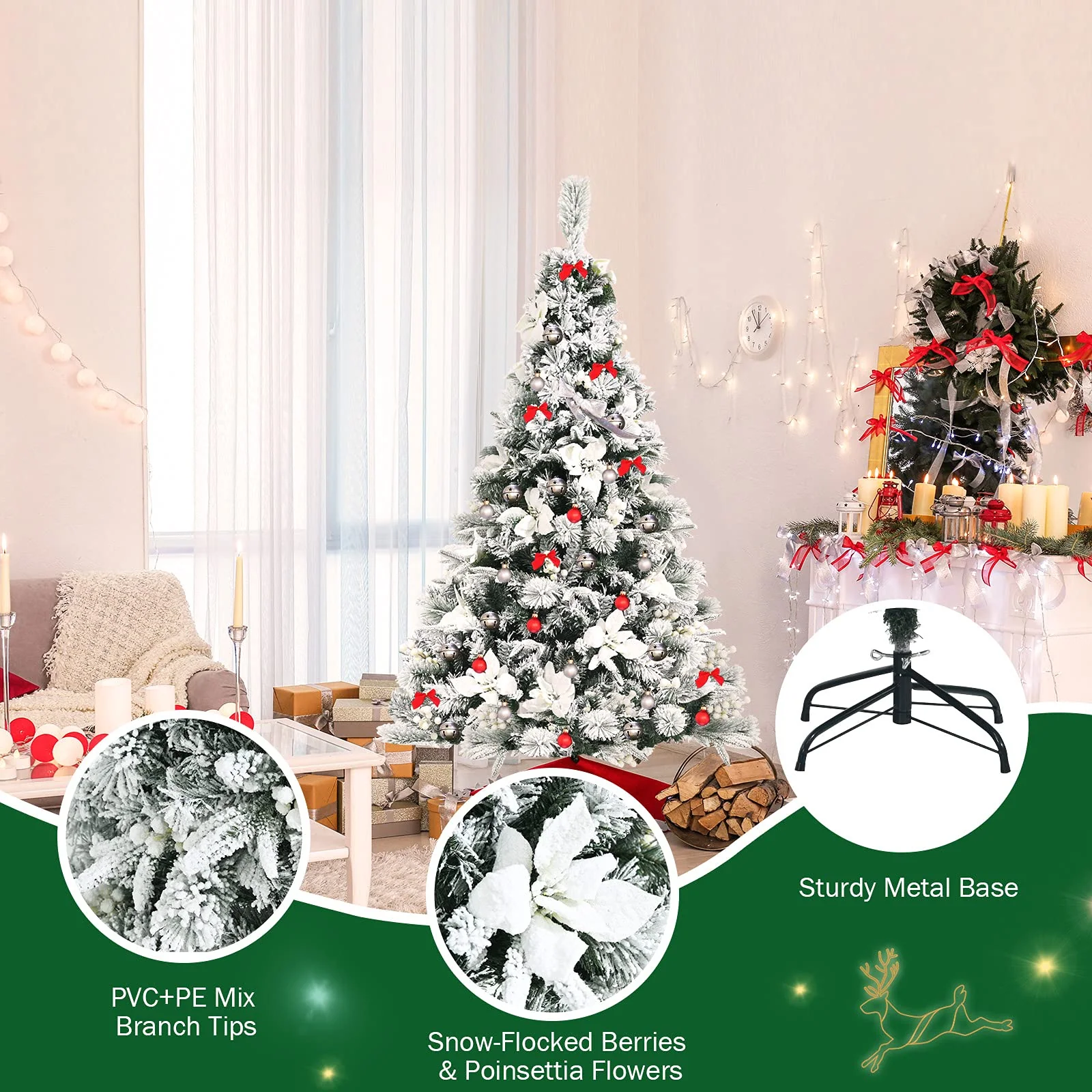 Goplus Snow Flocked Artificial Christmas Tree, Hinged Xmas Tree w/ Folding Metal Stand, Office, Party, Wedding - Image 6