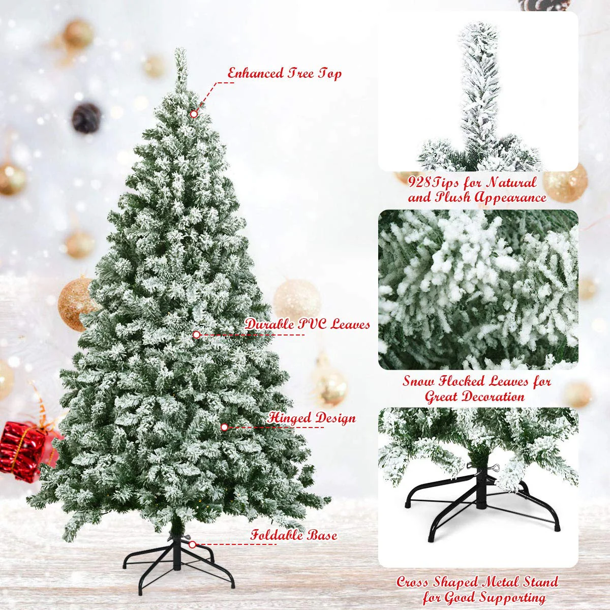 Goplus Snow Flocked Christmas Tree, Artificial Hinged Pine Tree - Image 4