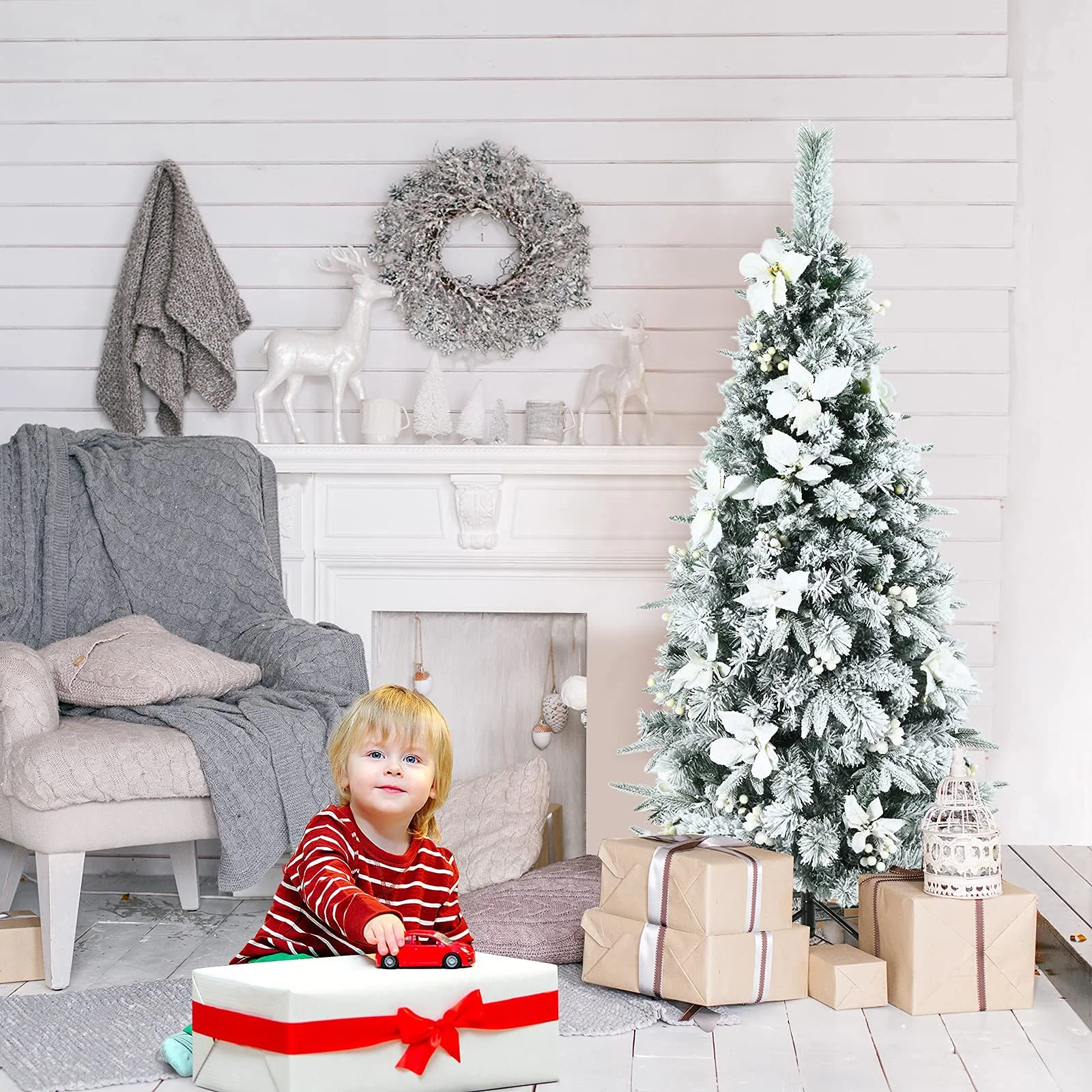 Goplus Snow Flocked Pencil Christmas Tree, Hinged Artificial Skinny Xmas Tree with White Berries - Image 2