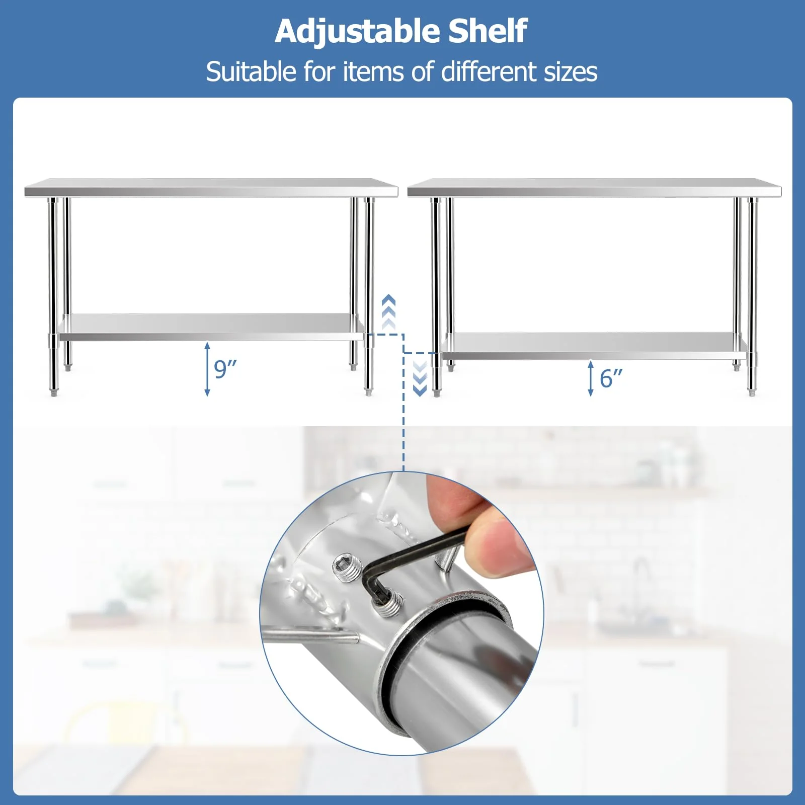 Goplus Stainless Steel Table, 24 x 60 Inches Kitchen Prep & Work Table w/Adjustable Undershelf & Footpads - Image 4