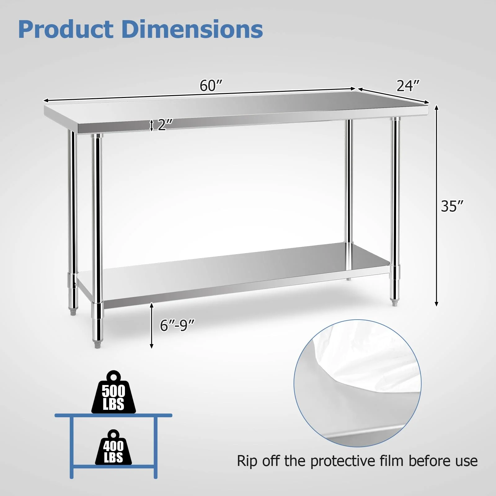 Goplus Stainless Steel Table, 24 x 60 Inches Kitchen Prep & Work Table w/Adjustable Undershelf & Footpads - Image 5