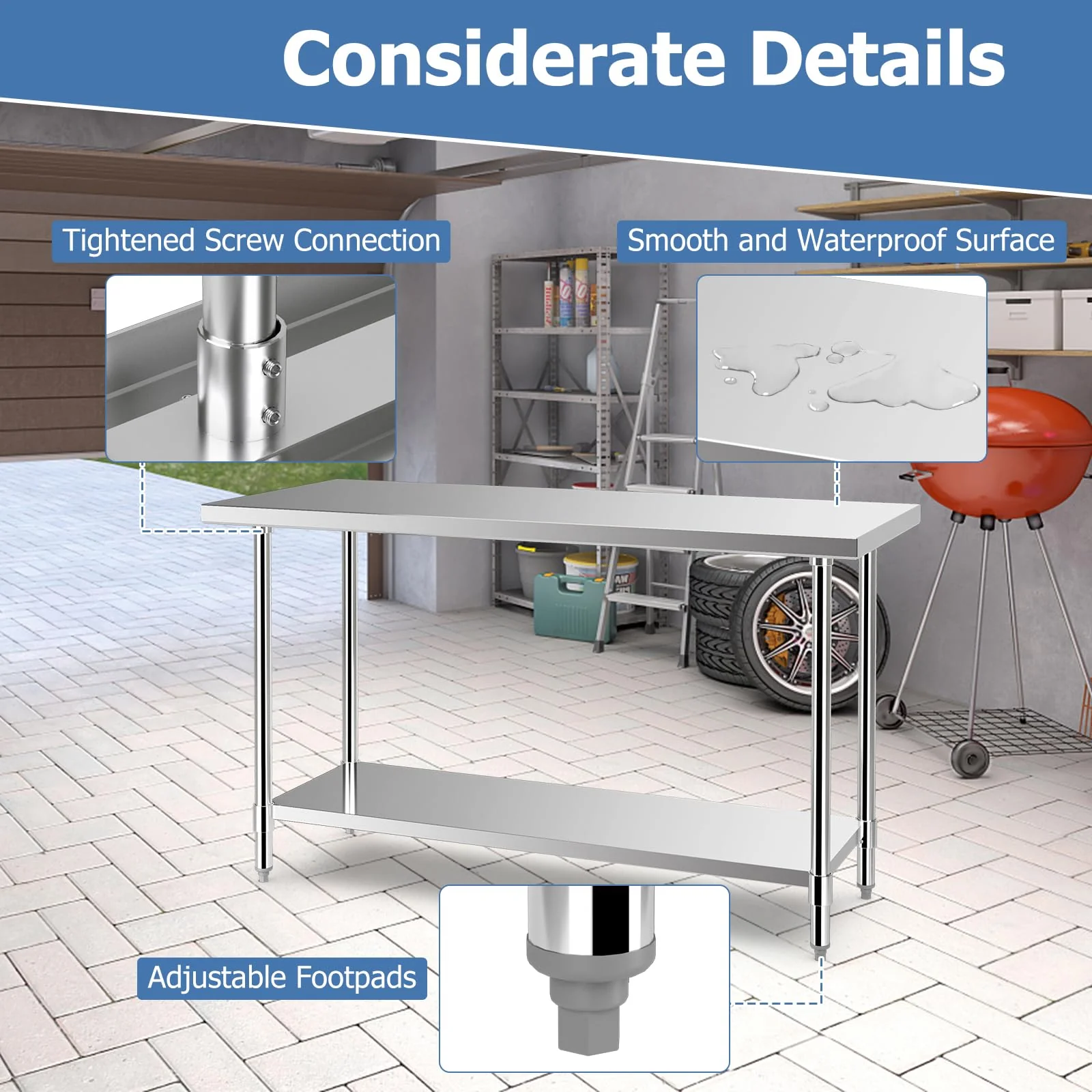 Goplus Stainless Steel Table, 24 x 60 Inches Kitchen Prep & Work Table w/Adjustable Undershelf & Footpads - Image 7