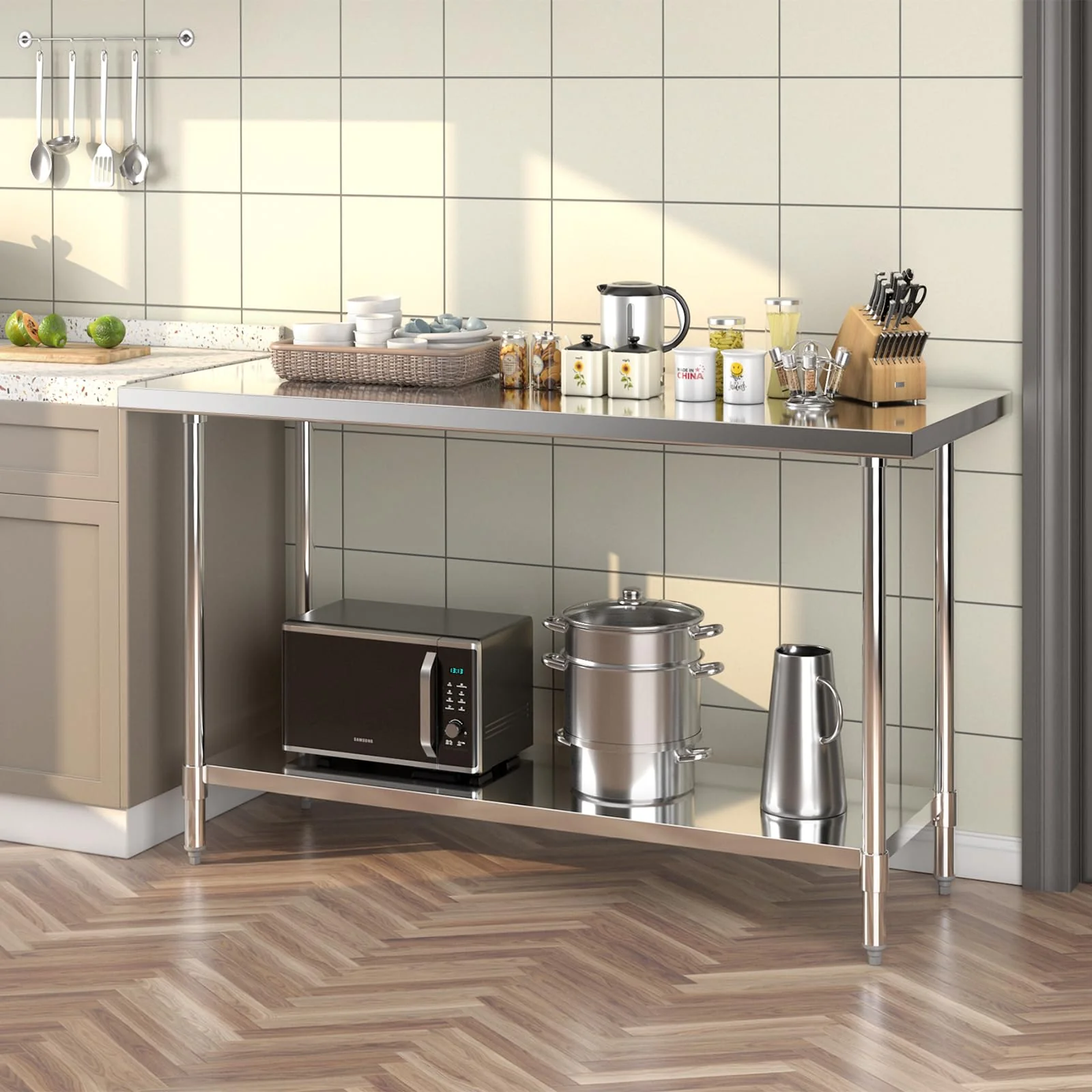 Goplus Stainless Steel Table, 24 x 60 Inches Kitchen Prep & Work Table w/Adjustable Undershelf & Footpads - Image 8