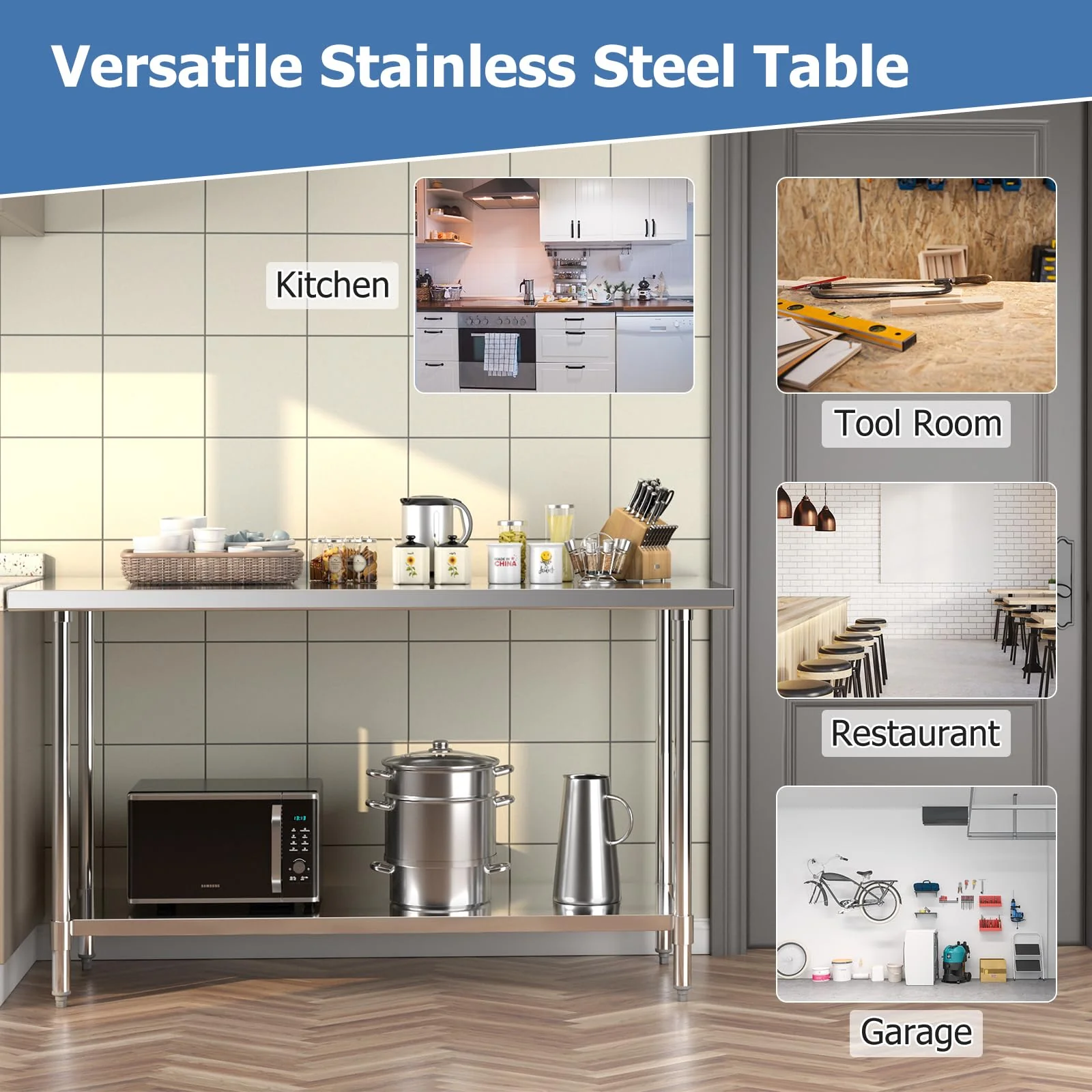 Goplus Stainless Steel Table, 24 x 60 Inches Kitchen Prep & Work Table w/Adjustable Undershelf & Footpads - Image 9