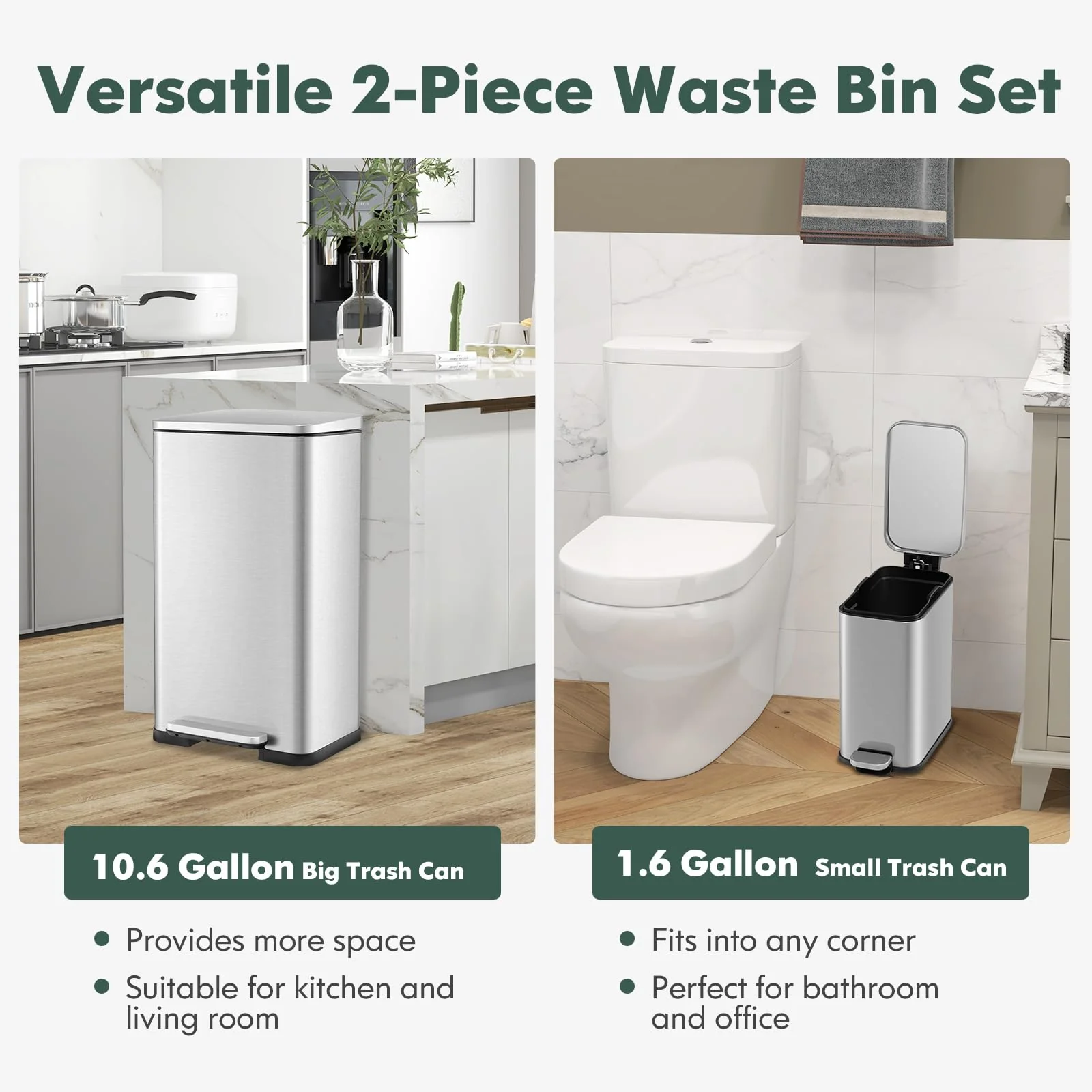 Goplus Step Trash Can Combo Set, 10.6 Gal/40 L and 1.6 Gal/6 L Stainless Steel Waste Bin - Image 2
