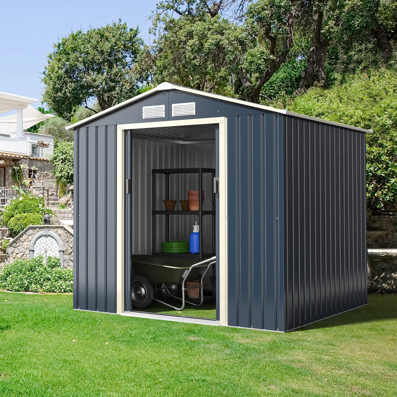 Goplus Storage Shed Metal 7’ X 6’ / 9' x 6' / 9'x 8' Outdoor Building Organizer with 4 Vents & Double Sliding Door - Image 2
