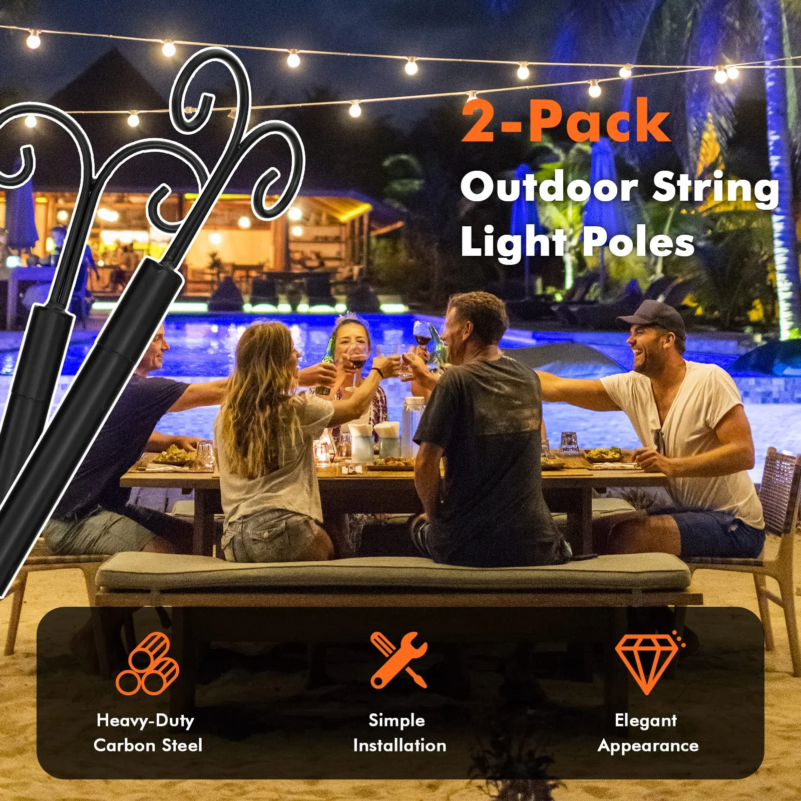 Goplus String Light Pole for Outside, 2 Pack 8ft / 10 ft Outdoor Metal Poles with Hooks for Hanging String Lights - Image 4