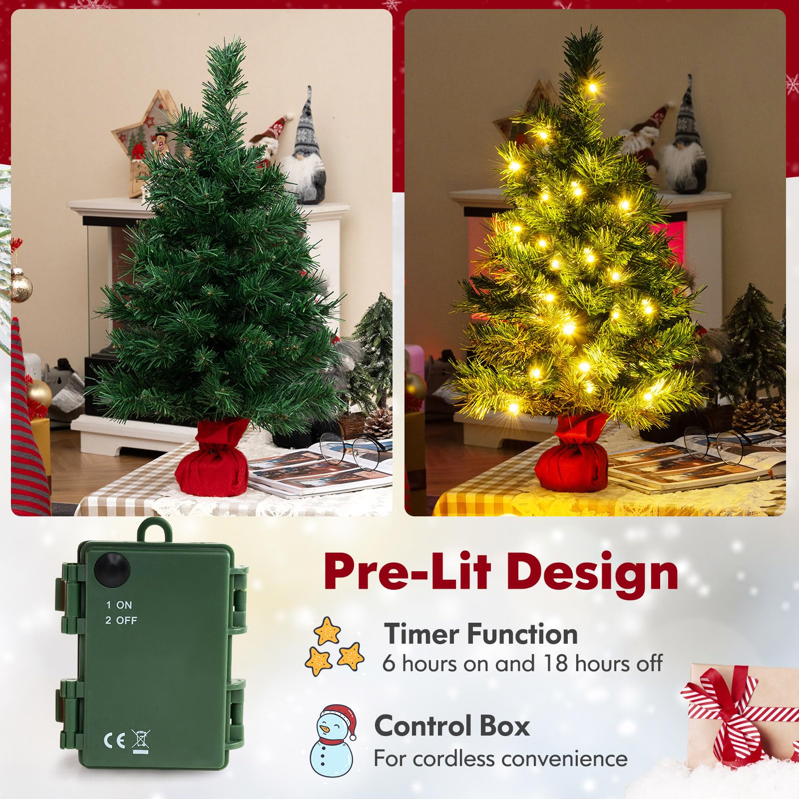 Goplus Tabletop Battery Operated Small Fir Xmas Tree with Warm White LED Lights - Image 3