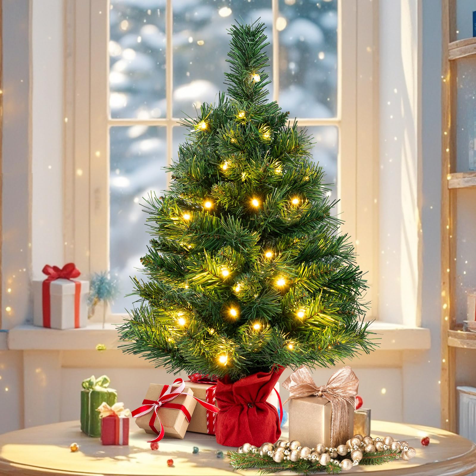 Goplus Tabletop Battery Operated Small Fir Xmas Tree with Warm White LED Lights - Image 8