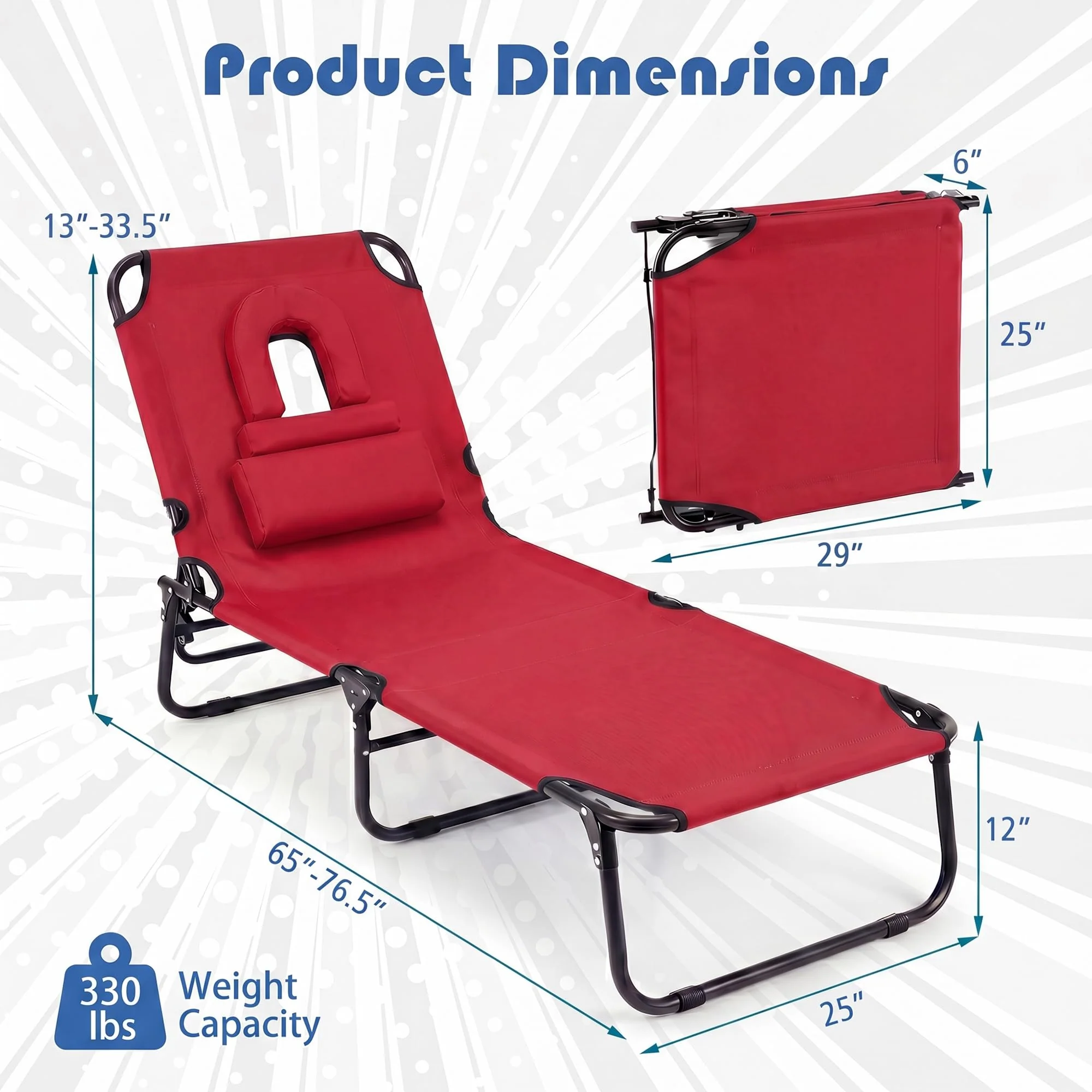 Goplus Tanning Chair Folding Beach Lounge Chair with Face Hole - Image 3