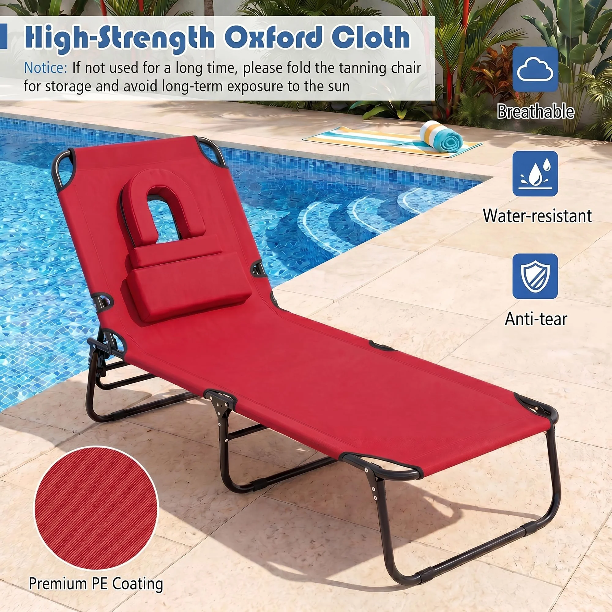 Goplus Tanning Chair Folding Beach Lounge Chair with Face Hole - Image 8