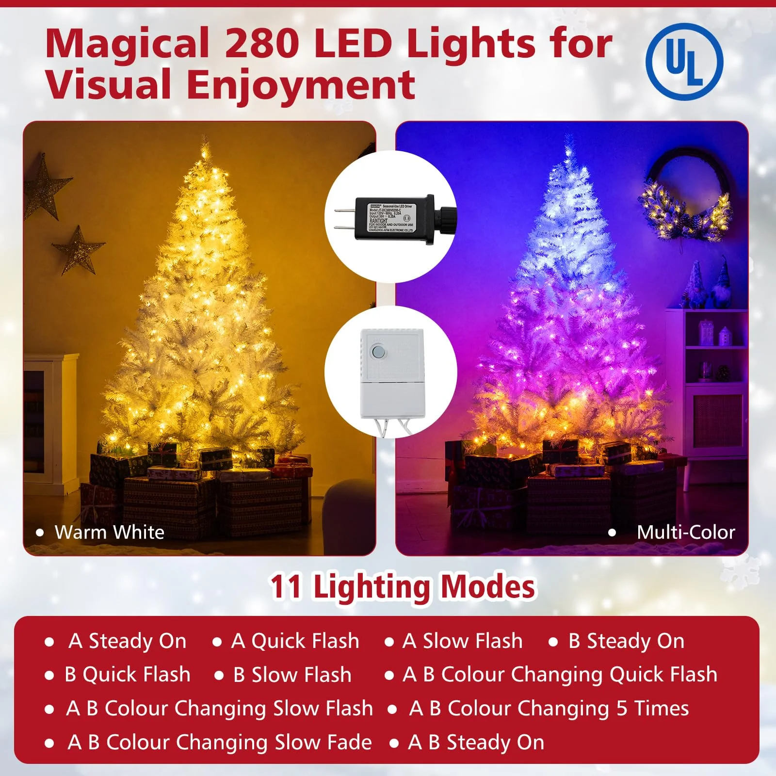 Goplus White Pre-Lit Artificial Christmas Tree with Warm White & 3-Color LED Lights - Image 4