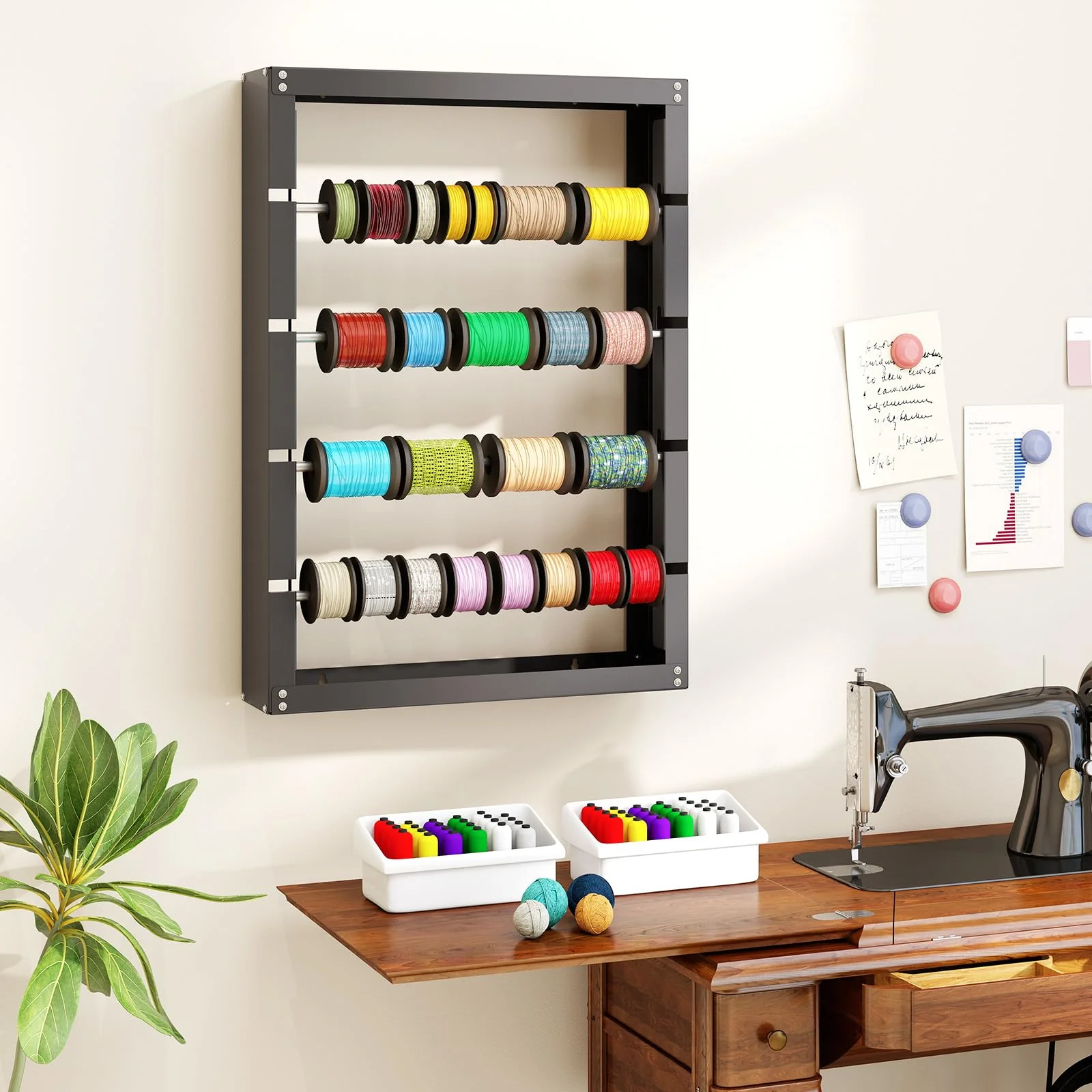 Goplus Wire Spool Rack with 4 Rods, Ribbon Holder Organizer Rack, Wall Mounted Cable/Wire Dispenser - Image 9