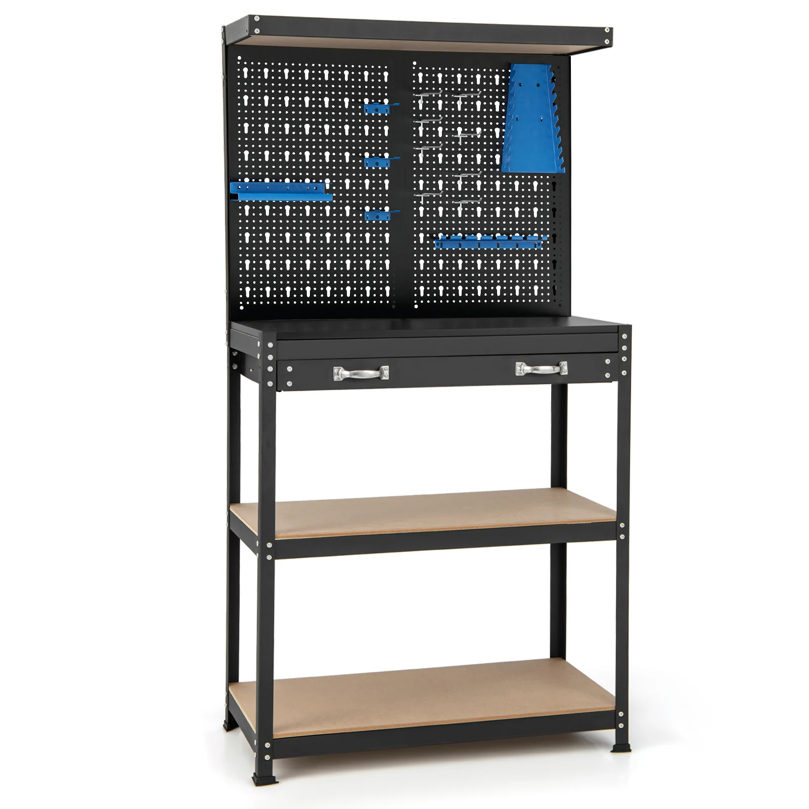 Goplus Workbench with Pegboard, 32" x 16" Multi-use Workbench with 2 Tires of Shelves, Topping Space - Image 10
